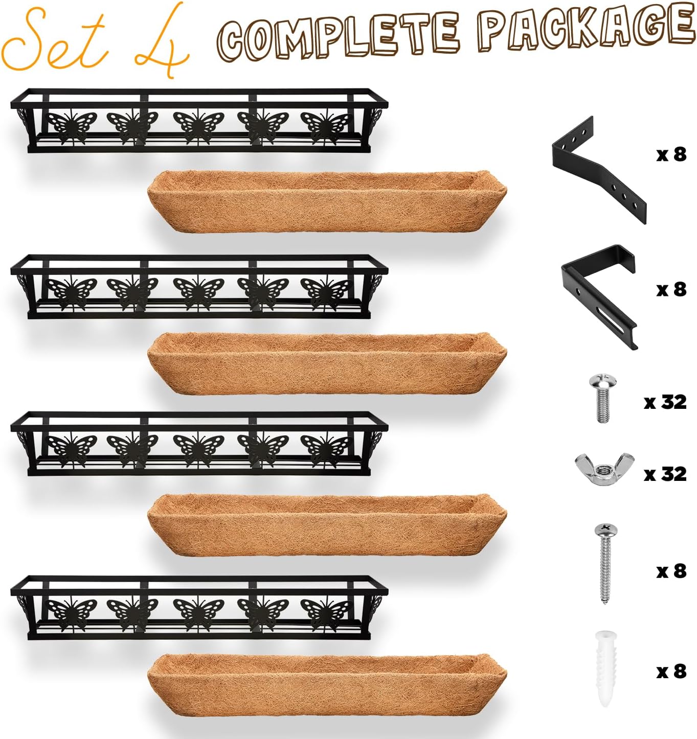 Window Box Railing, 36IN Black Metal Hanging Flower Planter Basket with Coco Liner for Outdoor Balcony Porch Fence Patio for Home, Office and Hotel (Black - 4 Pcs/Set)