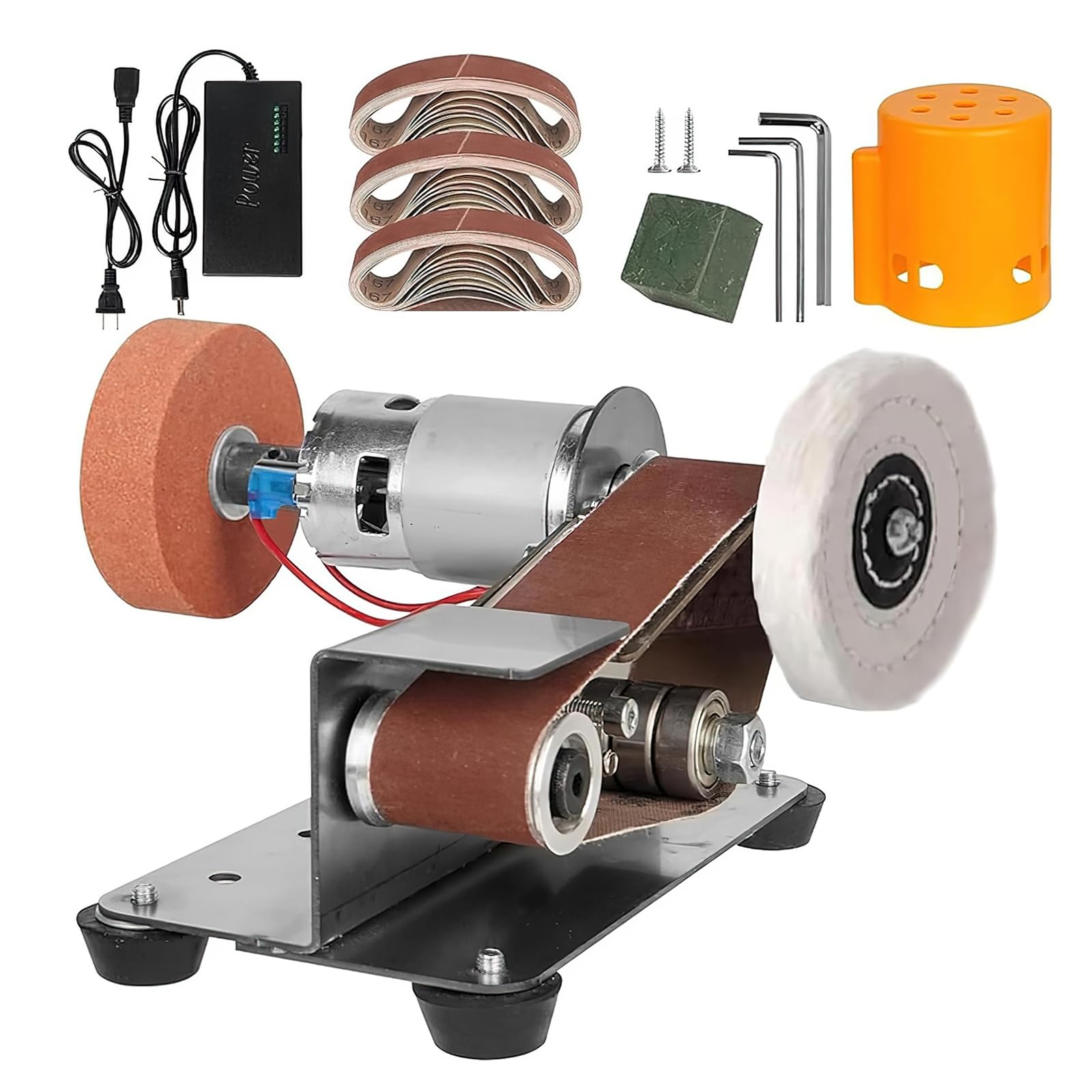 Lijadora De Banda Eléctrica,Afilador De Cuchillos,Lijadora Pequeña, Máquina De Pulir Y Lijar De Banda Multifunción Para Metal Y Carpintería,7 Velocidades Ajustables y 30 Cintas De 330x30mm (A)