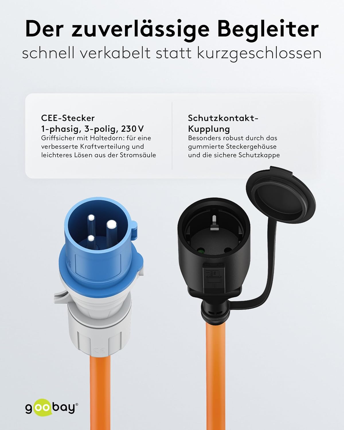 goobay EEC Caravan Adapter Cable 1,5 m CEE Plug to Socket with Protective Contact, Outdoor Use with IP44, 76223