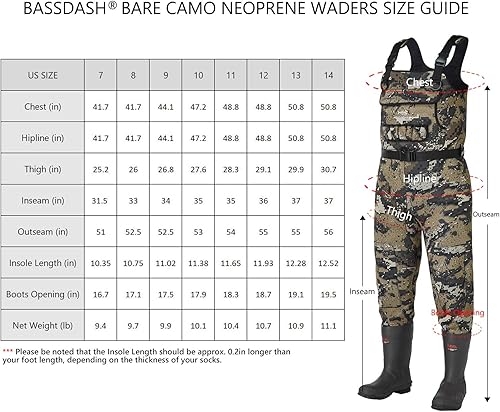 Miniatura 2 de BASSDASH Bare Camo - Vadeadores de neopreno para pesca en pecho, para hombres con bota de goma aislada de 21.16oz en 8 tamaños