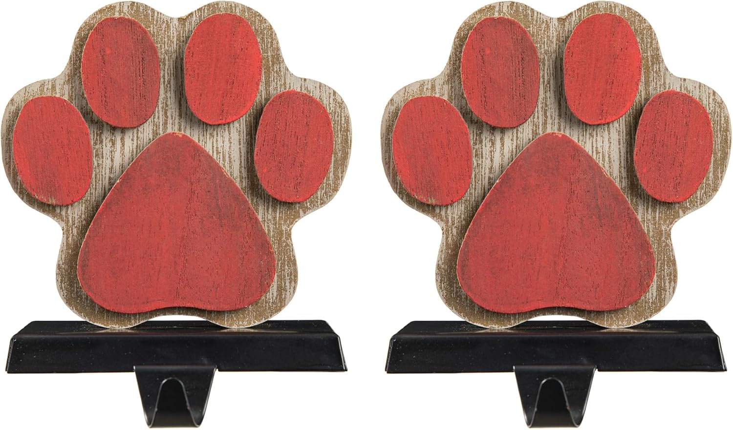 Glitzhome Paw Print Christmas Stocking Holders, Set of 2 Wooden & Metal Mantel Fireplace Hangers for Socks for Pet Lovers with Cats Dogs, Holiday Home Tabletop Decor, 6.3" H