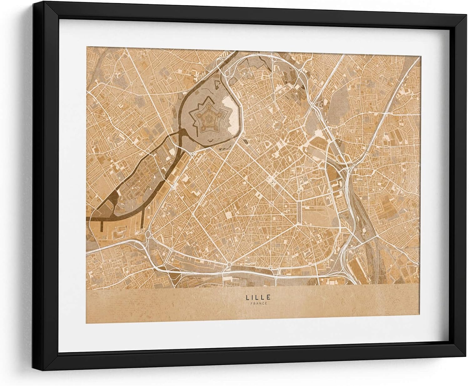 Canvas Lab | Sepia vintage map of Lille downtown France by Rosana Laiz Blursbyai | 16 x 12 in | Canvas Print Wall Art | Cities, Maps, Minimalist, Travel, Sepia, Retro