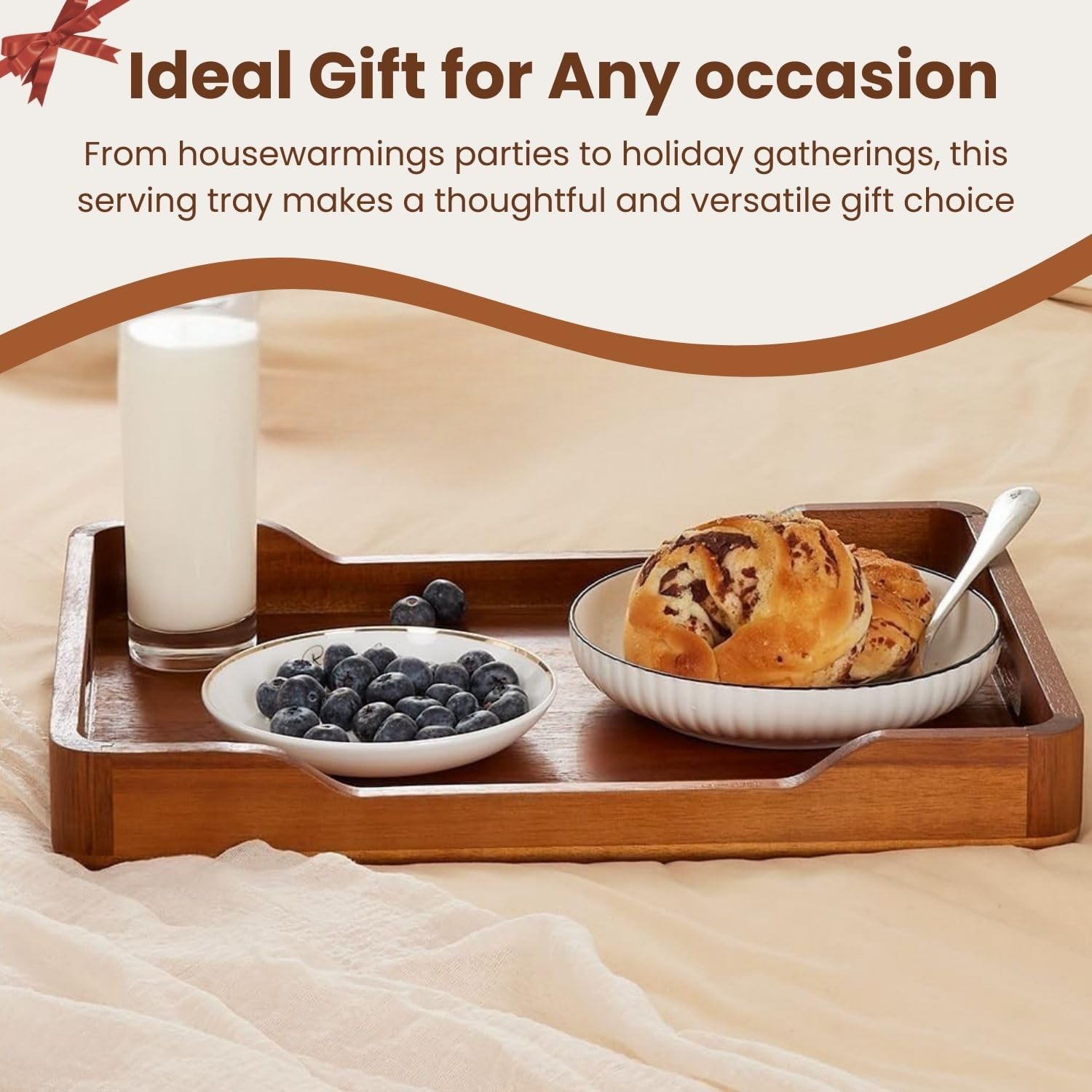 Acacia Wood Serving Tray with Handles, 18x13in Food Drinks Tray for Coffee Table, Breakfast, Dinner & Bar, Rustic Decorative Storage Tray for Ottoman, Kitchen, House Warming Gifts New Home - Image 3