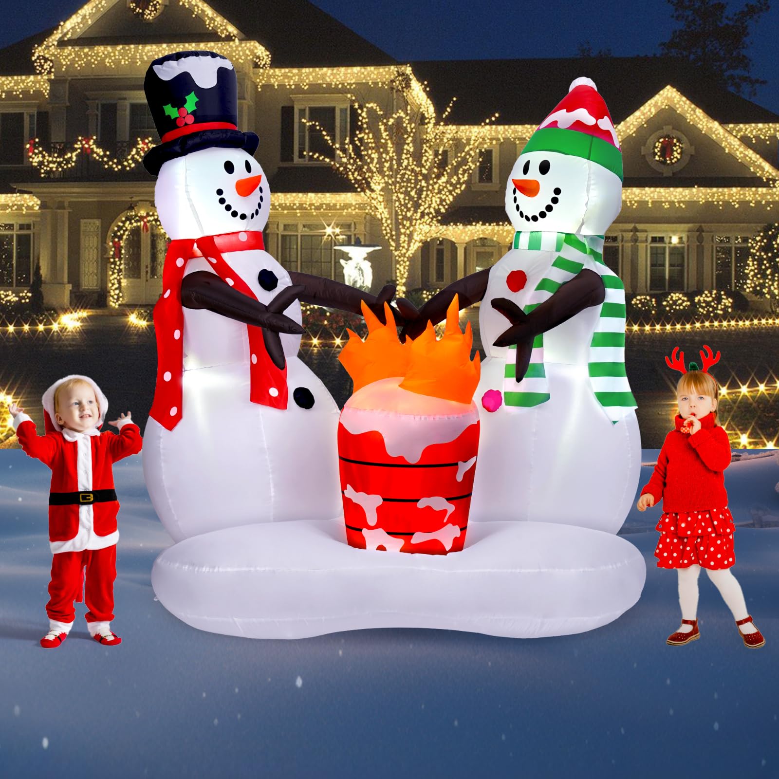 Décoration de Noël extérieure - Bonhommes de neige gonflables de 2,4 m avec flamme de feu - Décorations de cour gonflables avec LED intégrée pour extérieur, pelouse, cour, jardin