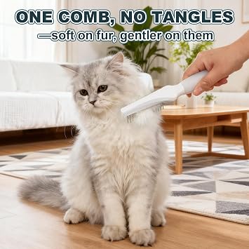 Cat Grooming Comb, Stainless Steel Dual-Length Teeth, Silicone Handle