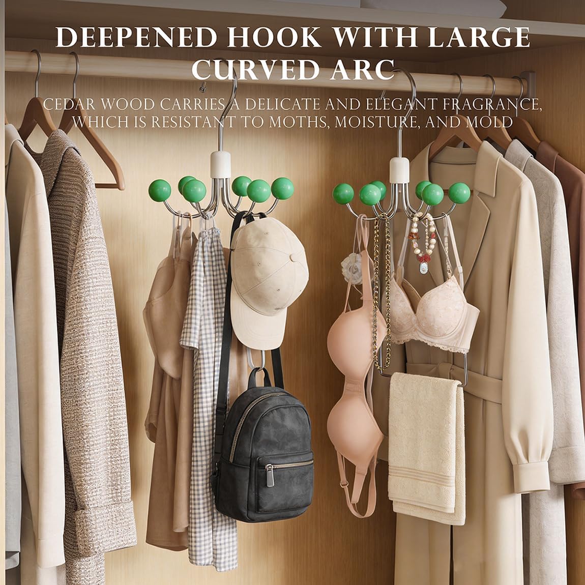 1 Pack 360° Swivel Hoodie Hangers with 6 Cedar Balls, Closet Organizer for Bra, Scarves, Belts, Purse & Accessories Storage-Green