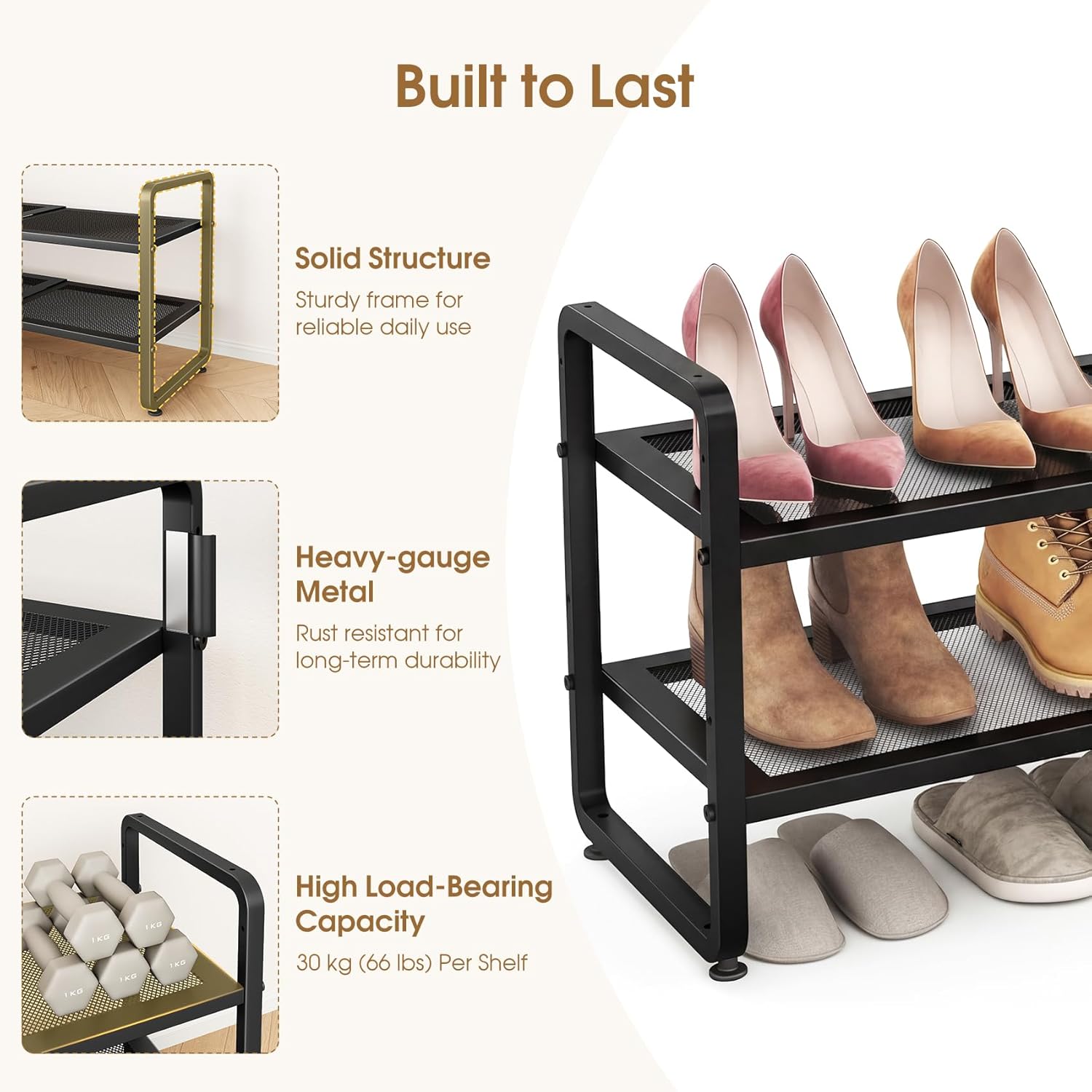 SAYZH Expandable Shoe Rack for Closet, Adjustable Metal Shoe Organizer with Sturdy Mesh Shelves for Boots & Heels, Stackable Shoe Storage for Entryway, Garage, Small Spaces (Black, 2-Tier)