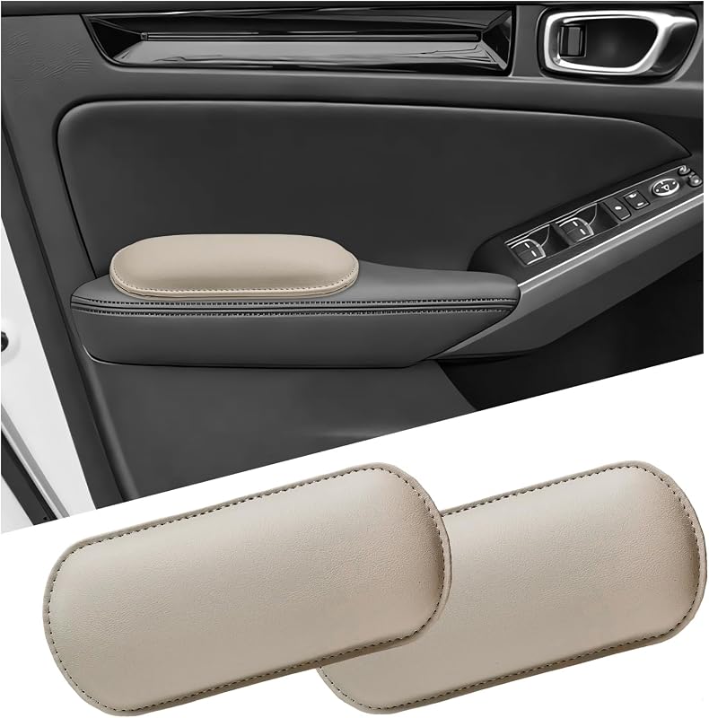 Almofadas para apoio de braço de porta automotiva XJVSS em couro e espuma viscoelástica – Bege, conjunto com 2 unidades