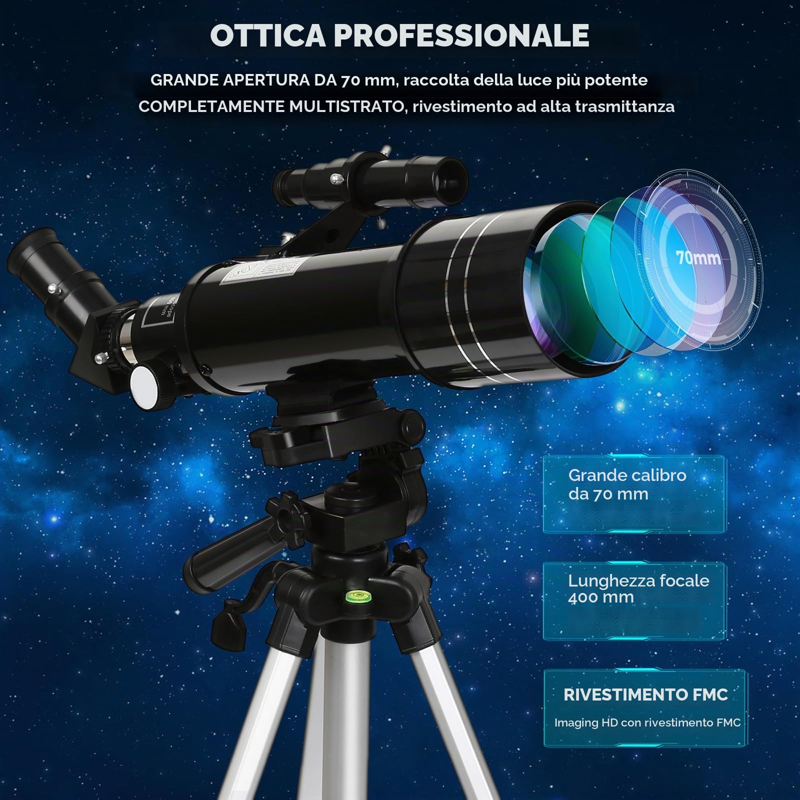 Telescopio Astronomico, Telescopi Rifrattori FMC con Treppiede Regolabile e Livello di Spirito, Telescopio da Viaggio Portatile con Zaino Perfetto per Adulti, Bambini, Principiante