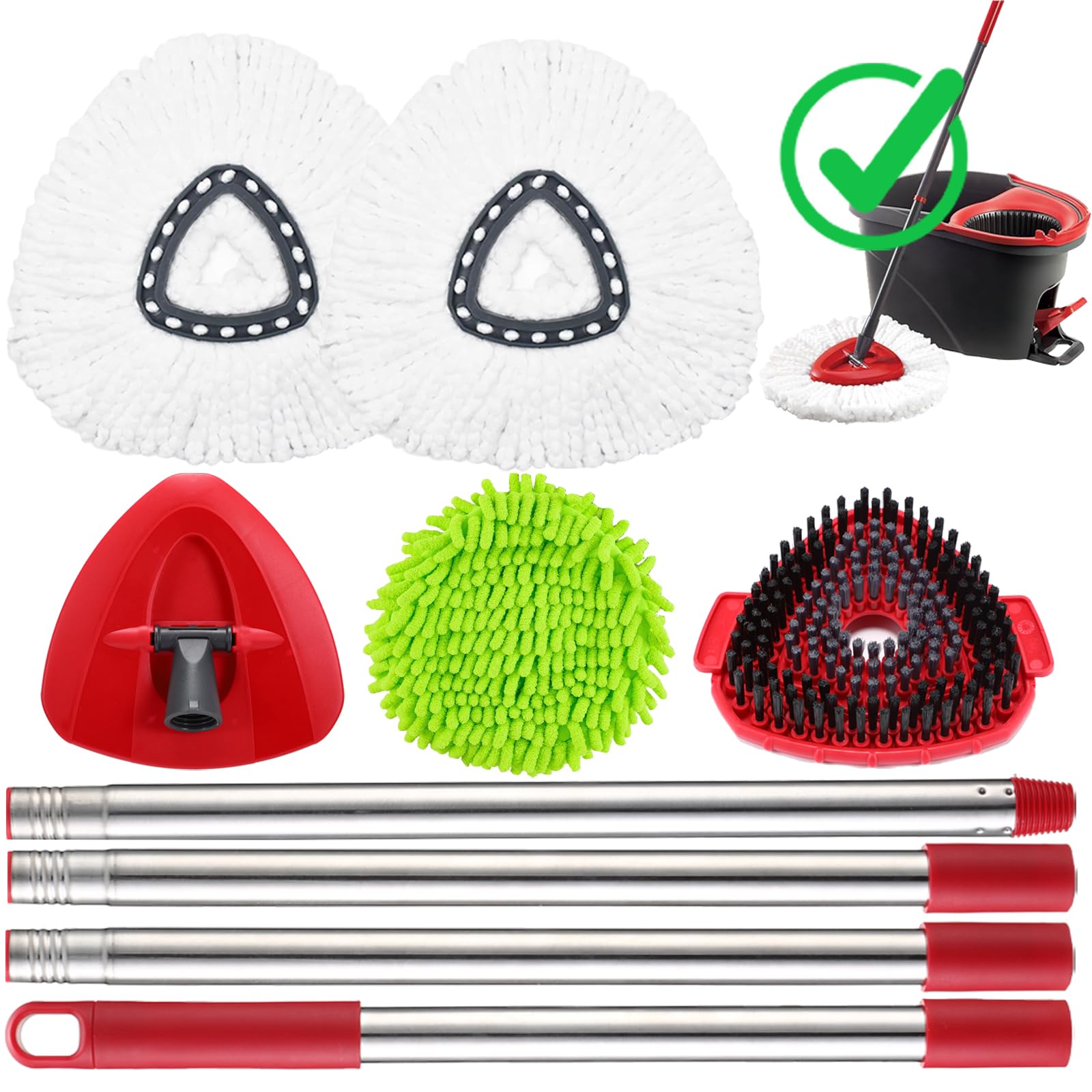 View 1 of [MISSING PARTS] Replacement Head Spin Mop Refills Compatible with O Cedar EasyWring 1-Tank (1 Mop Handle & 3 Mop Head & 1 Scrubber & 1 Base