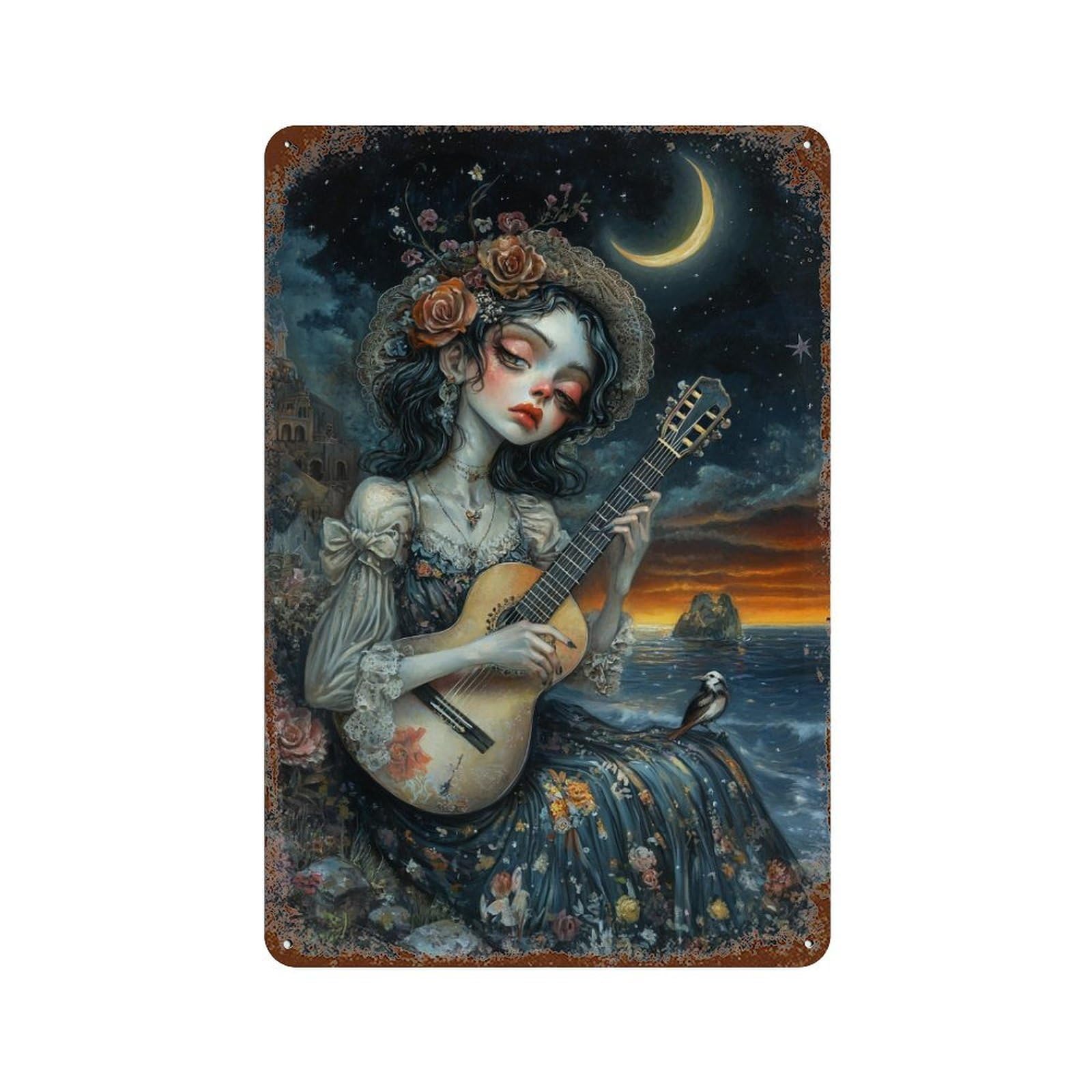 Vintage Rust Metal Sign Fantasy Guitarist Moonlit Scene 11.8"x7.9", Novelty Wall Decor for Office, Studio And Wall Decor