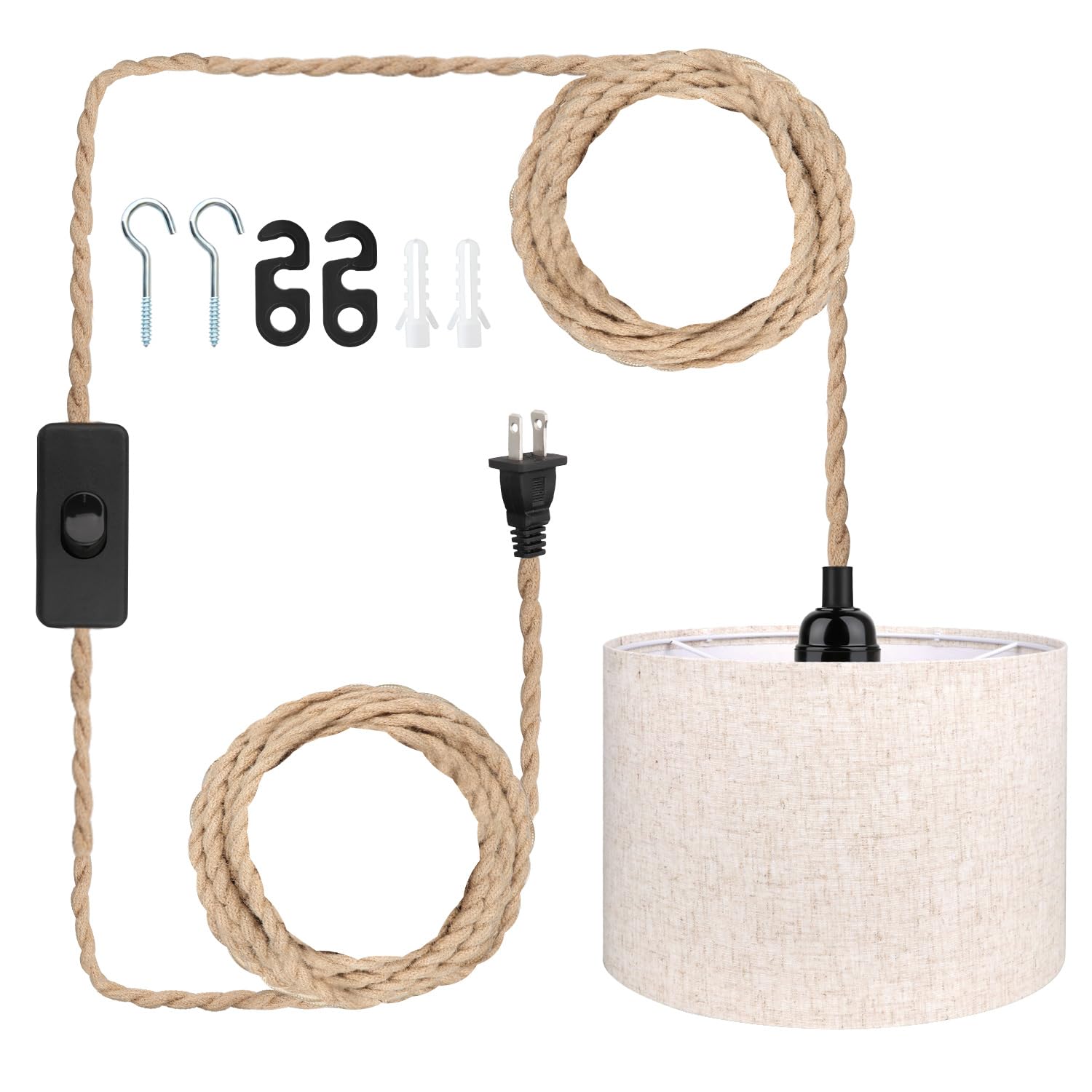 Lámpara colgante enchufable de 16.5 pies, lámpara colgante con pantalla de enchufe, interruptor de cuerda de cáñamo, pantalla de tela de lino beige para comedor, cocina, sala de estar