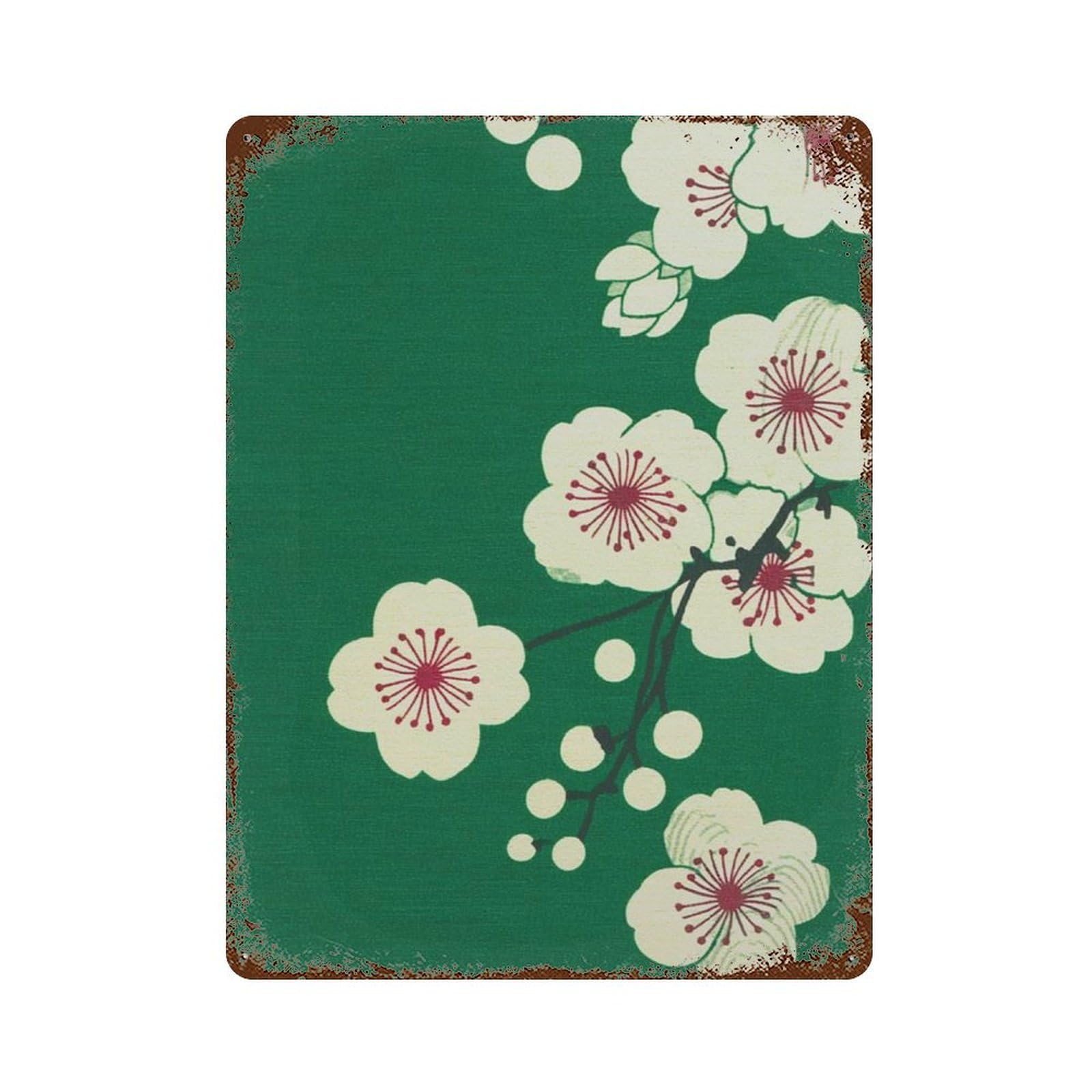 xiaoxiaoshen Emerald Sakura Blossom Japanese Floral Minimal Green Botanical Wall Decor Art Metal Tin Poster Modern Home Decor Art Home Bar Shop Decorations Vintage Sign 40x30cm