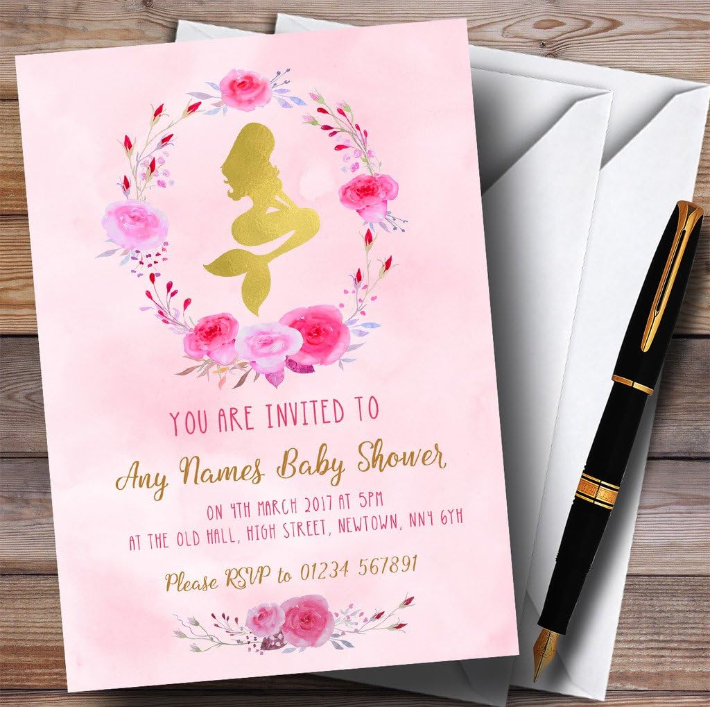 Pink Watercolour Mermaid Invitations Baby Shower Invitations