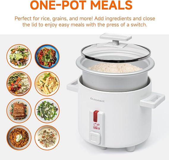 Small Rice Cooker White 1.5 Quart Mini Non-Stick Coated Insert Food Steamer and Dishwasher-Safe Glass Lid and Pot, White