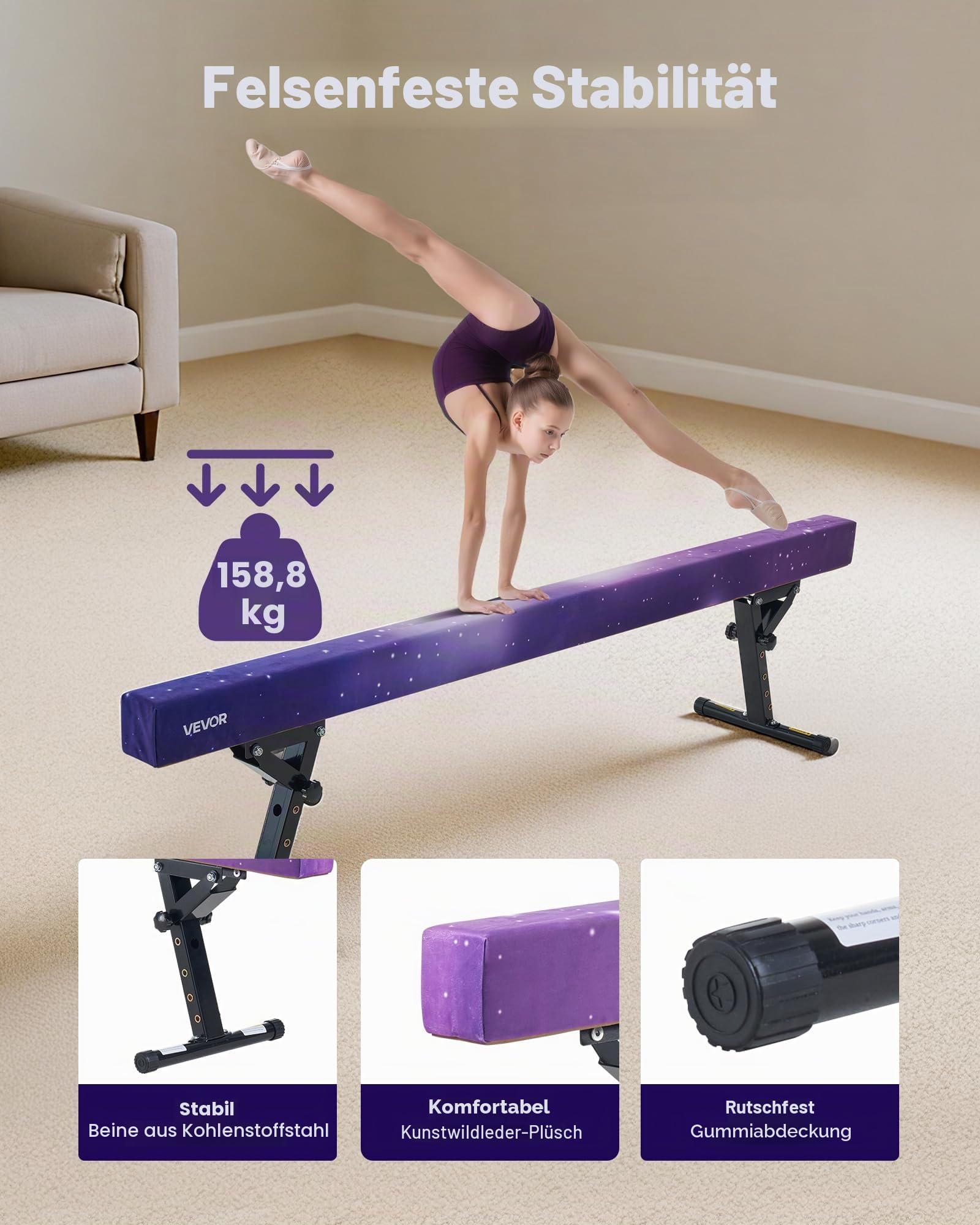 VEVOR Schwebebalken Gymnastik Kinder 241 cm Höhenverstellbar (5-stufig/170/380470/540/565mm), 158,7 kg belastbarer Gymnastikbalken Turnbalken, Balance Balken Balancierbalken für Fitnessstudio