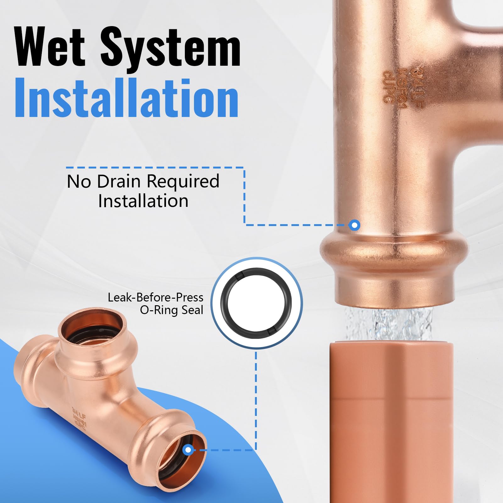 Kit surtido de accesorios de presión de 3/4 pulgadas (8 unidades) – 2 T + 3 acoplamientos + 3 codos, sin plomo, se adapta a sistemas de tuberías de 3/4 pulgadas para líneas de agua, bucles de