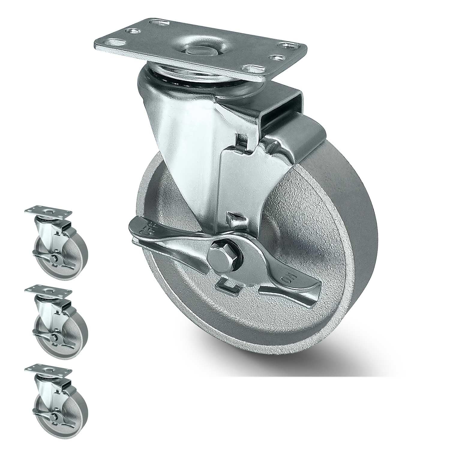 Handsammu 5 Inch Industrial Semi Steel Cast Iron Swivel Casters - Set of 4 Heavy Duty With 2000 lb Capacity for Cart Workbench Furniture, Silver (