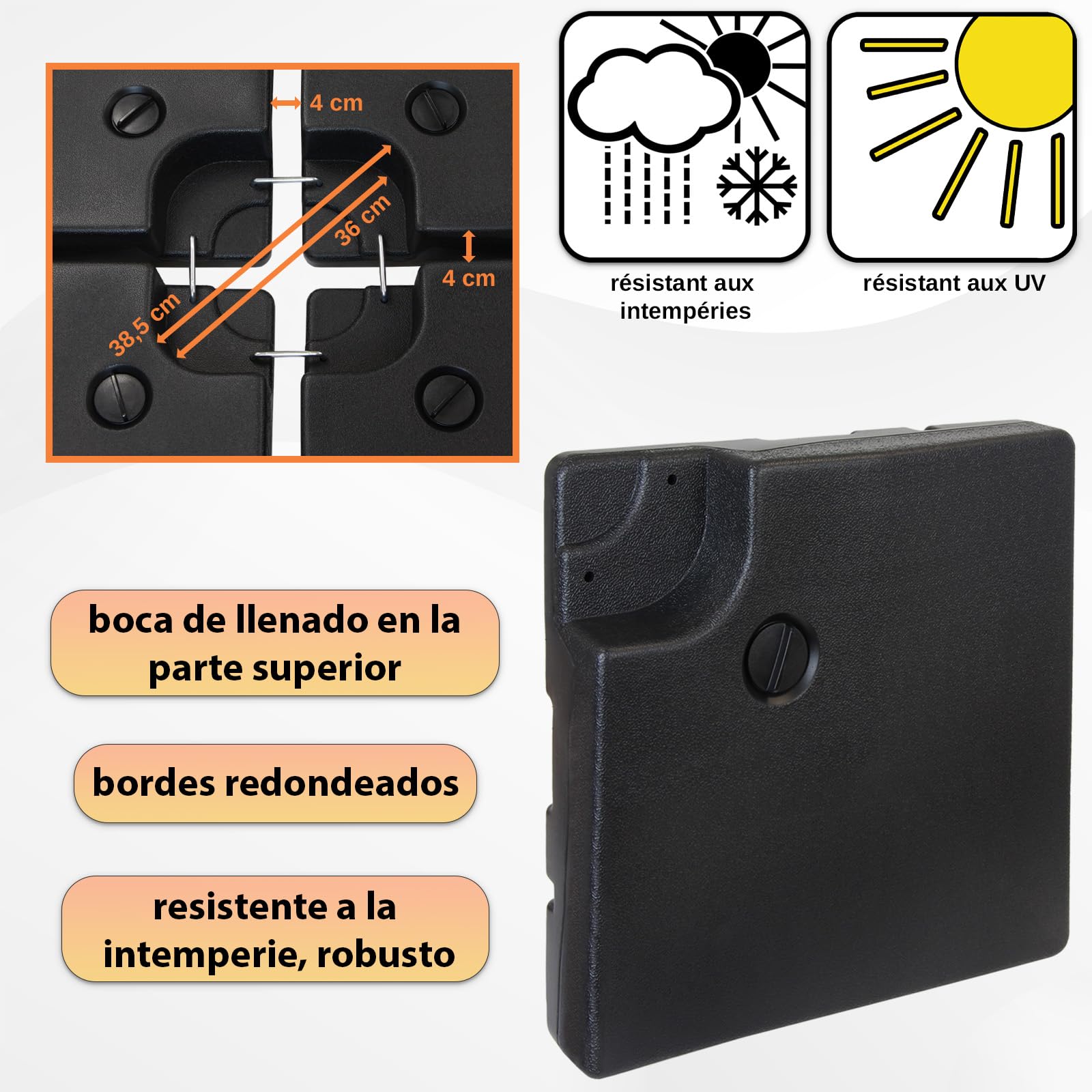 Montafox Peso de la sombrilla Base para sombrilla 4 Partes por Parasol Base Cruzada Negro 90 litro / 150 kg - para llenar de Agua o Arena