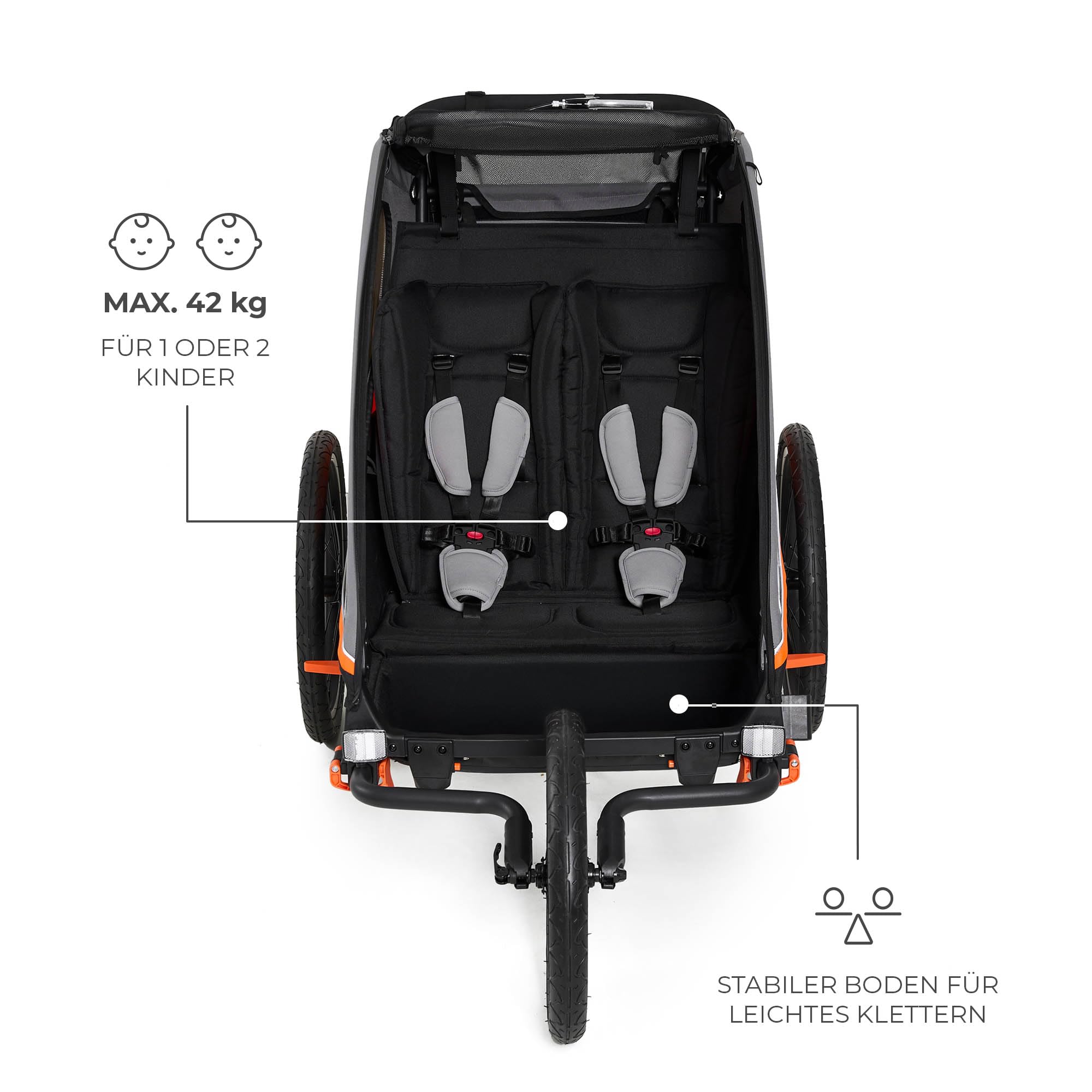 Kinderkraft NAVA 3in1, Kinderwagen, Laufwagen und Fahrradanhänger, für ein oder zwei Kinder (bis 44 kg), Sonnenschutz, zwei unabhängige Bremsen, Aluminiumrahmen, leicht zu falten,Orange