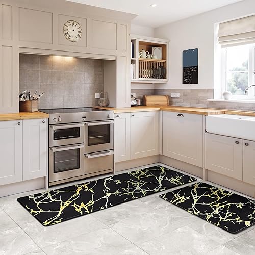 Miniatura 9 de Juego de 2 alfombras de cocina de mármol negro, antideslizantes, lavables, modernas, acolchadas, antifatiga, impermeables, de espuma viscoelástica,