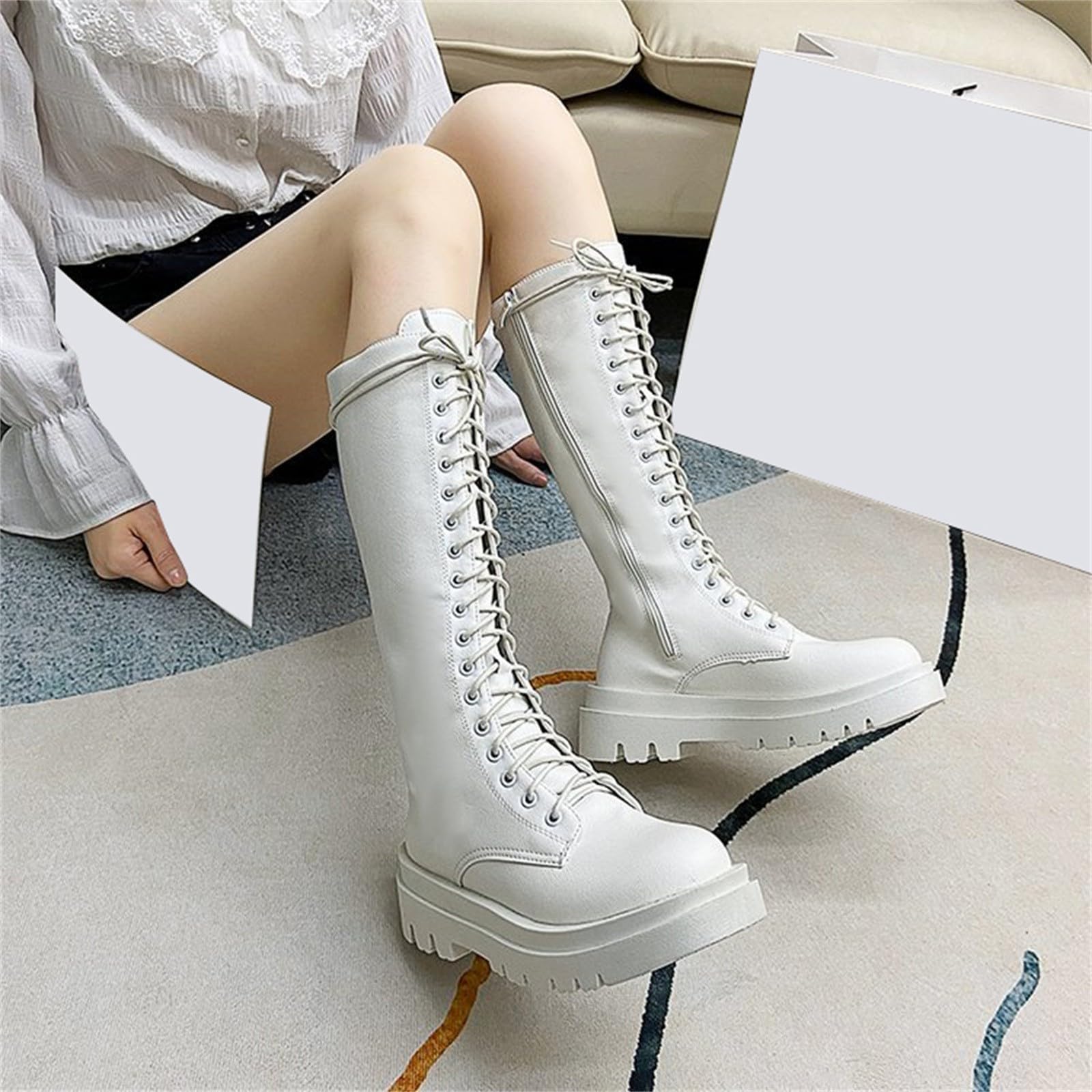 Stiefel Damen Schwarz Flach Mit Schnürung,Hohe Stiefel Damen Ohne Absatz