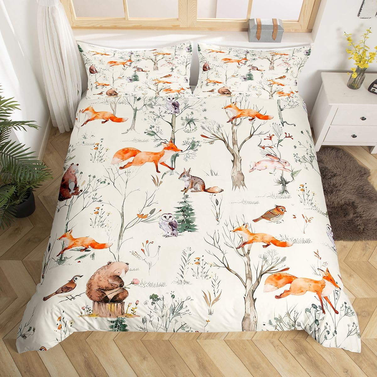 Bear Fox Owl Duvet Cover Set Queen Size,Pine Tree Jungle Bedding Sets 3Pcs for Kids Girls Boys Adult Room Decor,Wild Animals Comforter Cover Rustic Farmhouse Quilt Cover,2 Pillowcases