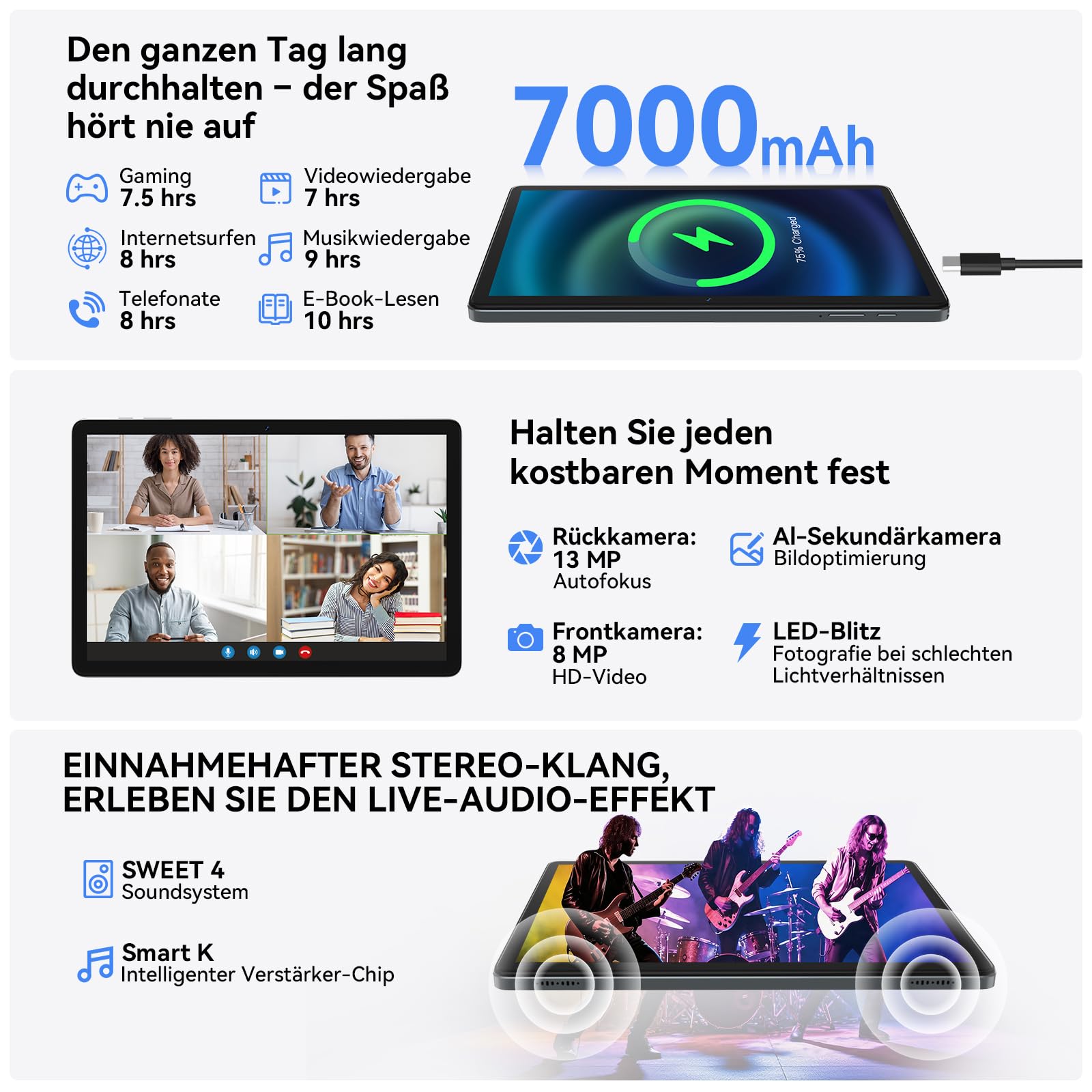 KADYBE Tablet 10 Zoll Android 16 Tablets mit 16GB +128GB 9-In-1 Komplettset mit Tastatur Maus Stift Hülle Gesichtsentsperrung 13MP Kamera 7000mAh GPS WiFi 5 Bluetooth 5 Tablet für Homeoffice