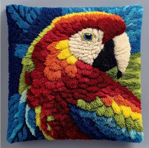 Taxpy DIY Latch Hook Kits, Animal Parrot Pillow with Printed Canvas Crochet Yarn Embroidery Cushion Handmade Hook and Latch Kit Pillowcase 43x43cm