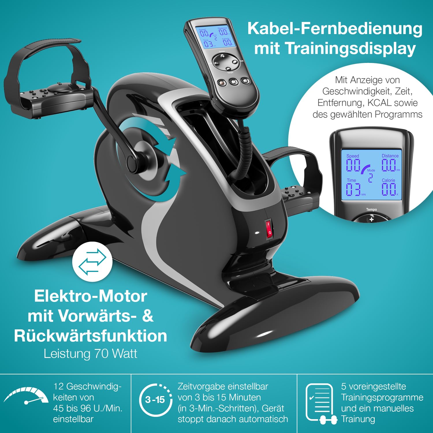 ELONEO 2in1 Arm- und Beintrainer mini Bike Pedaltrainer mit Motor, inkl. Trainingsdisplay, Massage-Handgriffe Anti-Rutschmatte, ideal für Senioren, Mini Heimtrainer schwarz