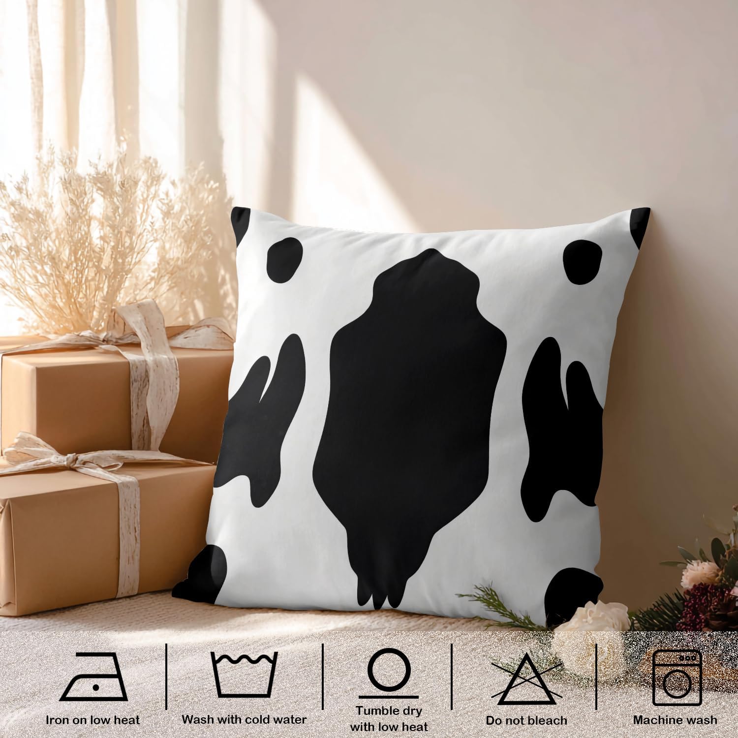 Print Animal Fur Throw Pillow Covers, Printed Black and White Cowhide Fur Cushion Cover Digital Blended Hidden Zipperl Decorative Pillowcases for Hair Skin Square 24X24 in 2 Pcs