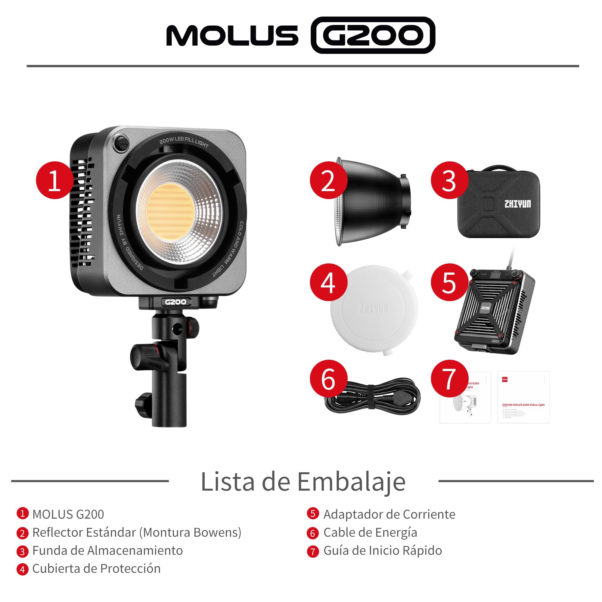 ZHIYUN MOLUS G200 [Oficial] 200W Luz de Video con Montura Bowens, Luz Continua fotografia con Sistema de enfriamiento DynaVort Ultra silencioso, Control de aplicación ZY Vega, 85800Lux/m 2700K-6500K