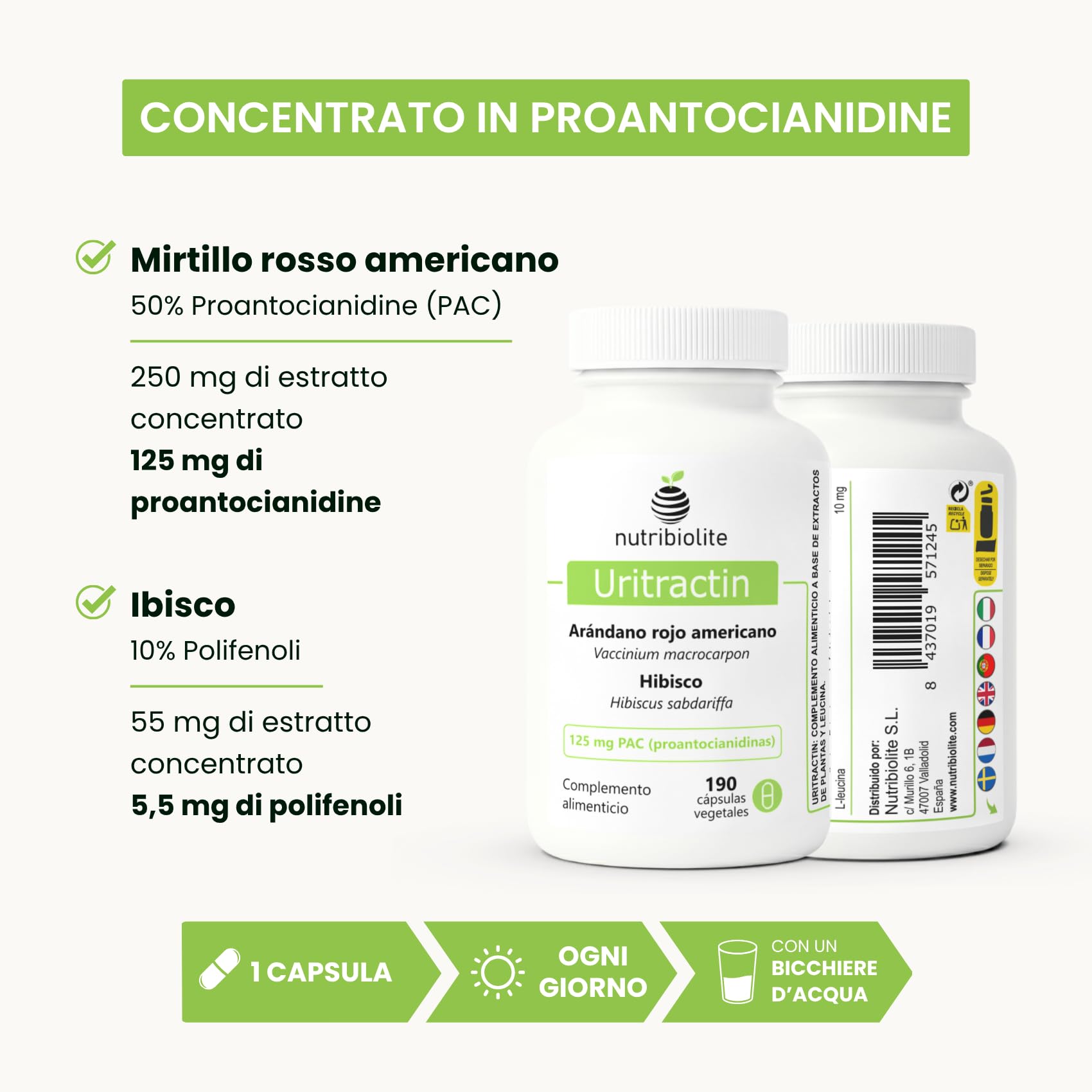 Mirtillo Rosso Americano Cranberry con Ibisco 125 mg di PAC Proantocianidine - Vie Urinarie - 190 Capsule - Senza Additivi +6 Mesi | Uritractin Nutribiolite
