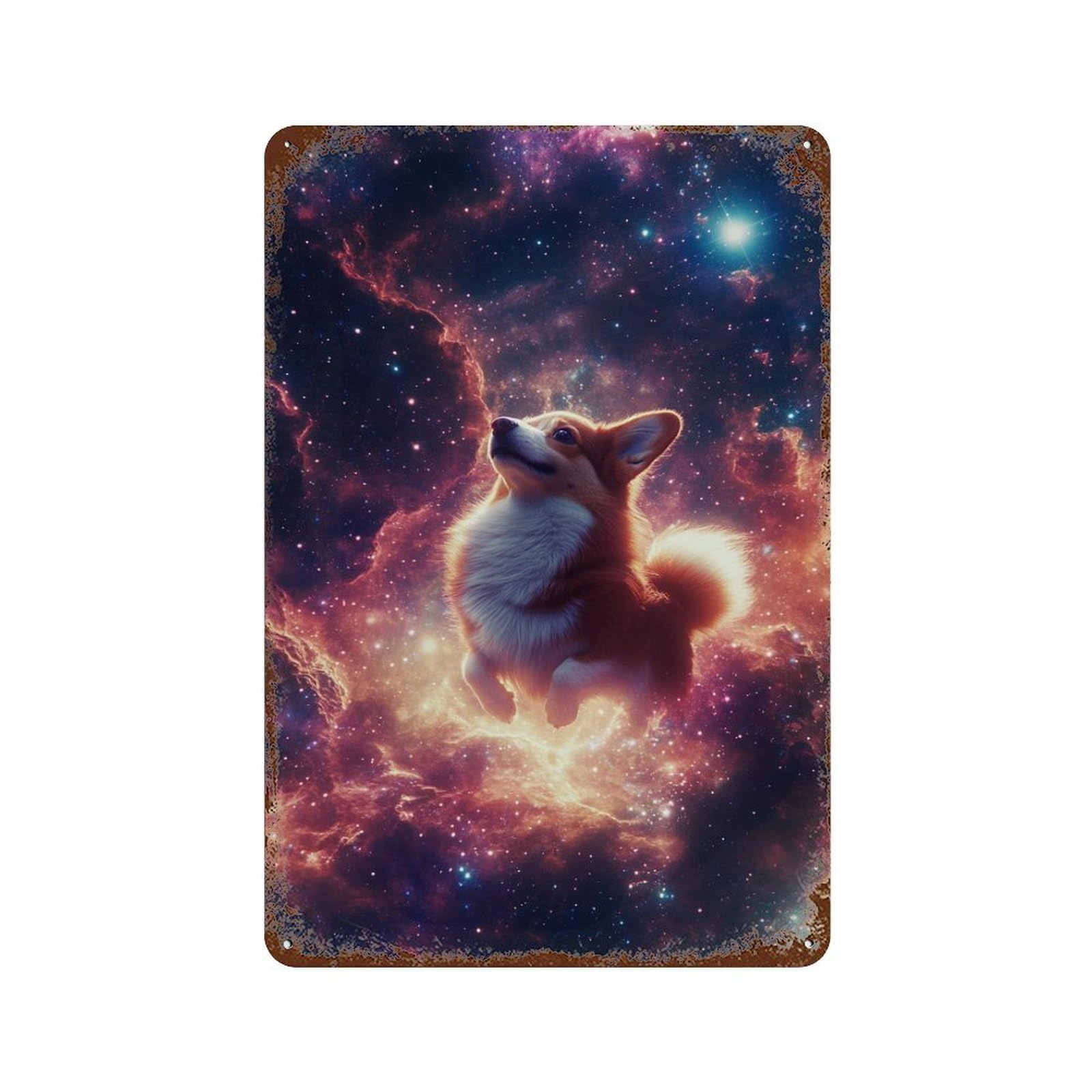 Retro Metal Sign with Corgi in Space Wallpaper -2 Design 11.8"x7.9", for Shed, Workshop And Garage Wall Decor, Old School Wall Decor