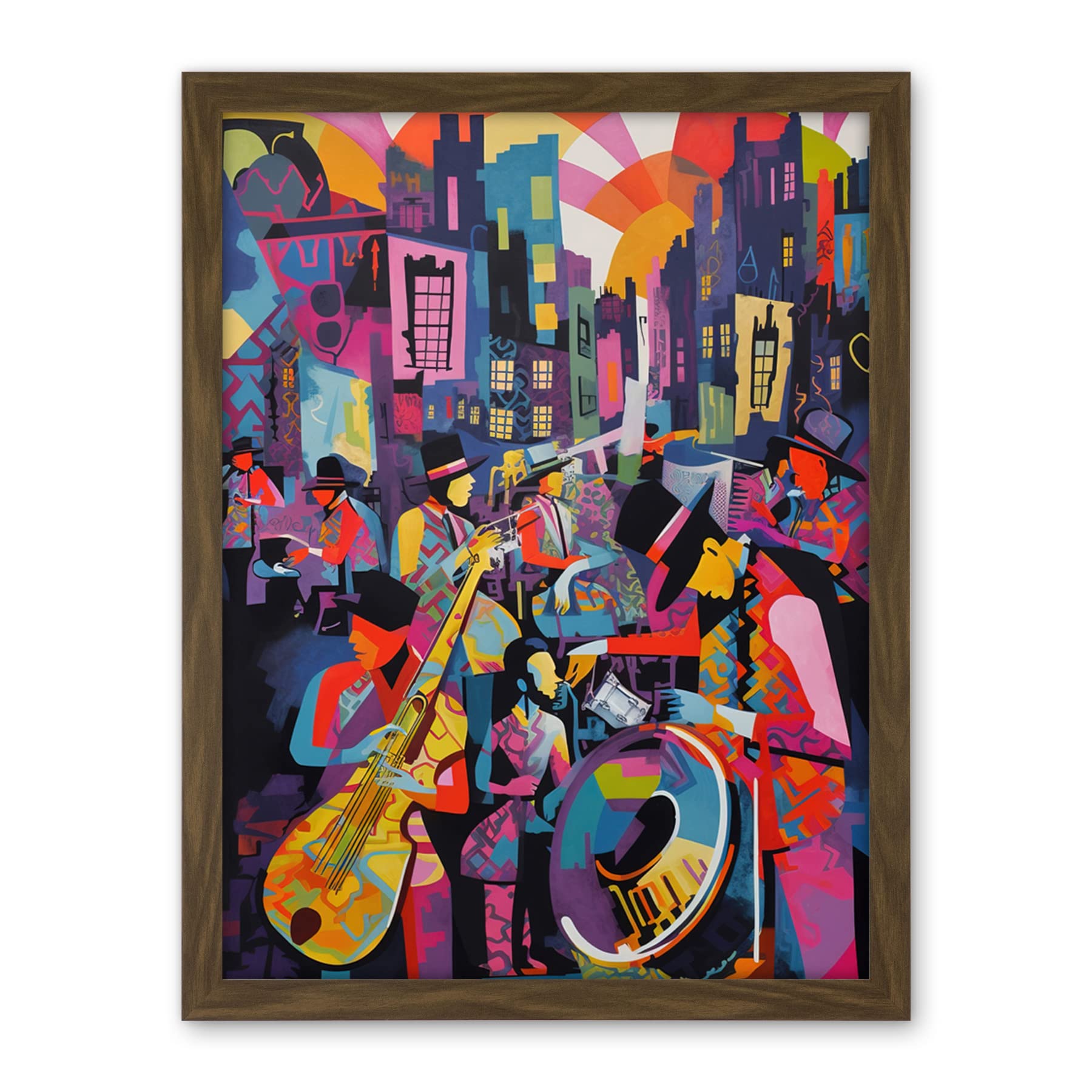 New Orleans Jazz Festival Street Musicians Wall Art Print - Abstract Modern Painting - Large Framed Décor - Sunset Cityscape - W18 x H24 inch