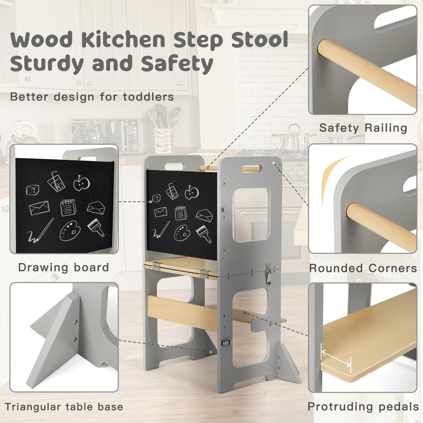 labebe Torre Montessori per bambini, Pieghevole Learning tower con lavagna, Multifunzione 3 in 1 Torre di apprendimento, Torre a partire da 1 anno （Grau）