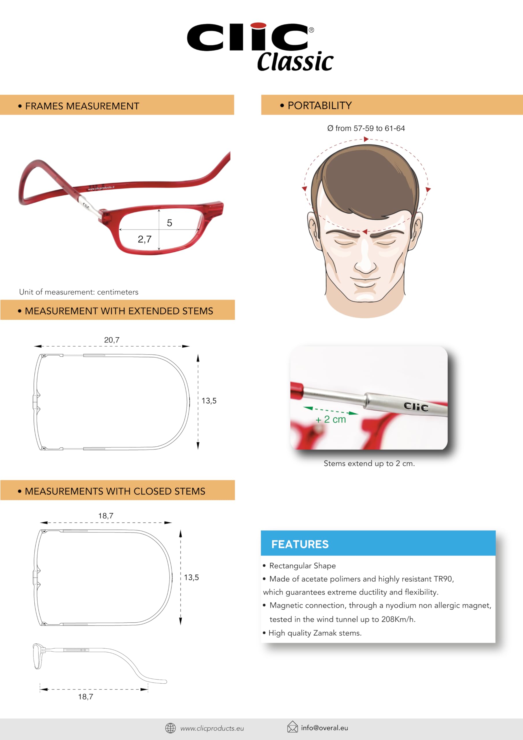 Clic Eyewear Base - Lunettes de lecture classiques - Forme Rectangulaire - Lunettes de lecture homme/femme - Fabriqué en Italie