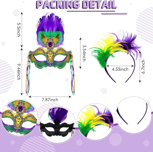 Miniatura 2 de Juego de 9 accesorios para disfraz de Mardi Gras, incluye collares de cuentas de Mardi Gras, plumas a granel, tocados de boas, diadema con plumas