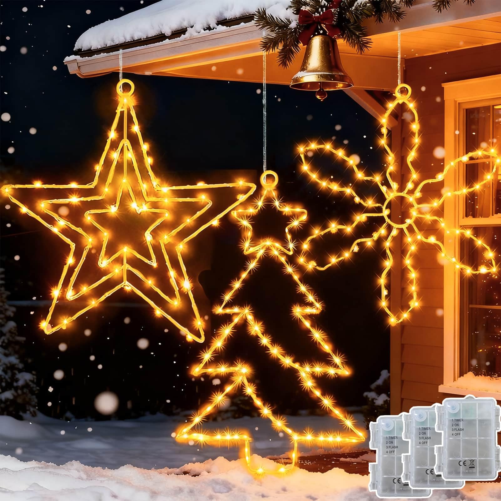 Joycome Hanging Christmas Star Lights 3 Pack Star/Tree/Snowflake Light Battery Operated with Timer, Waterproof Large Metal Christmas Decorations for Window Fireplace Party Indoor Outdoor Xmas