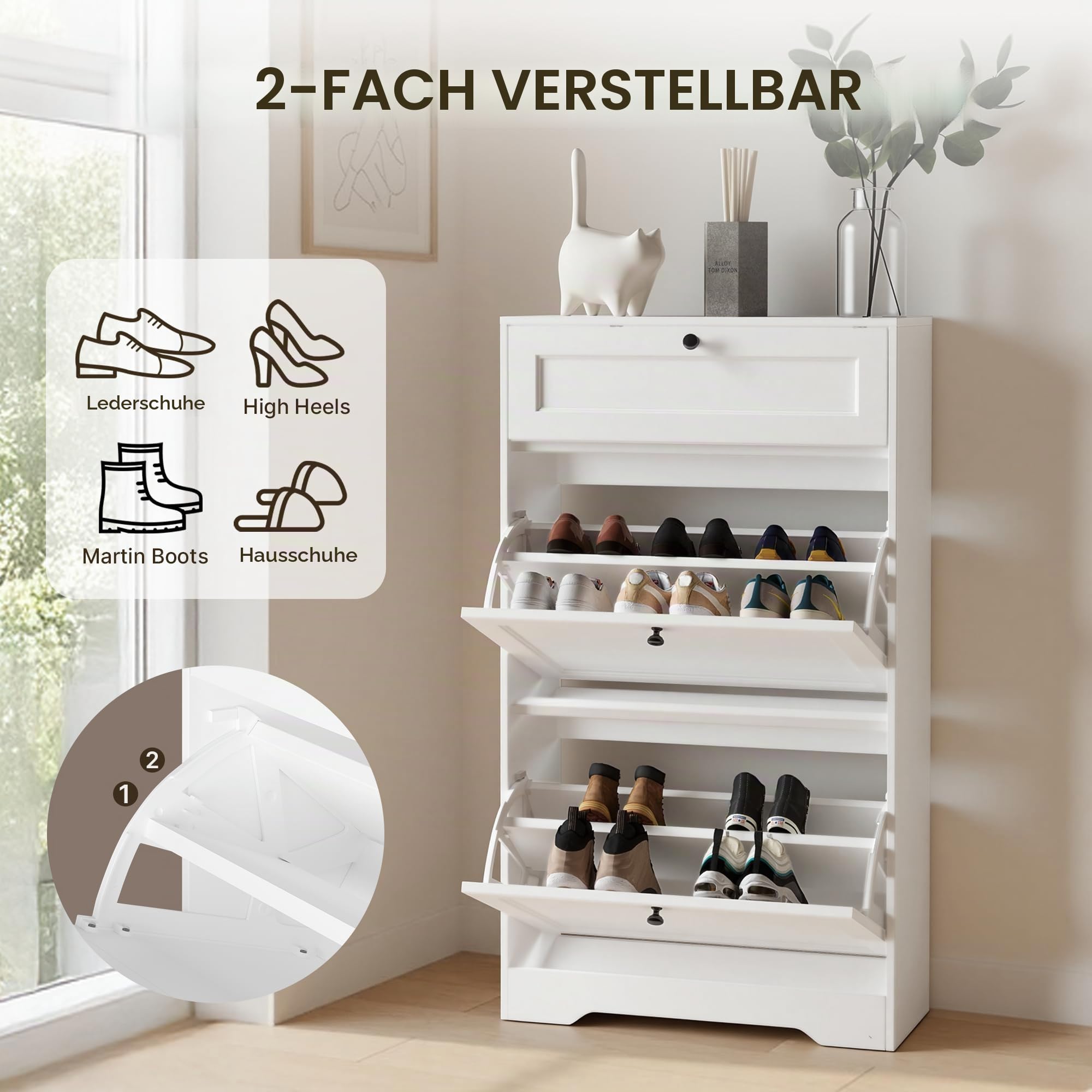 Xbro Schuhschrank mit Schublade und 2 Klappen, Schuhkipper Schmal, Schuhregal für 10–12 Paar Schuhe, mit verstellbaren Trennwänden, für Flur und Eingangsbereich, 60 x 24 x 102 cm, Weiß