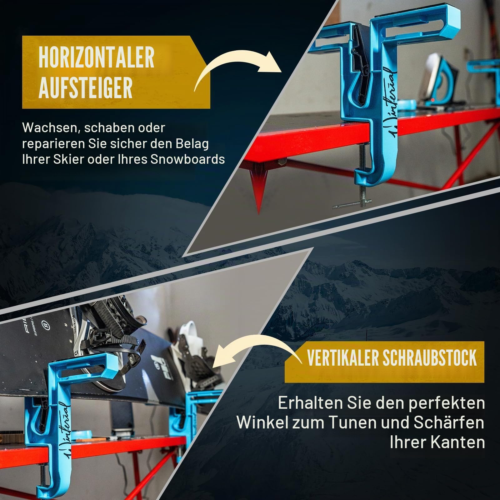 Winterial Ski und Snowboard Schraubstock, Set mit 2 Spannzangen zum Wachsen, Reparieren & Tuning, Horizontale & Vertikale Ausrichtung mit Gummibremshaltern und sicherem Board-Griff