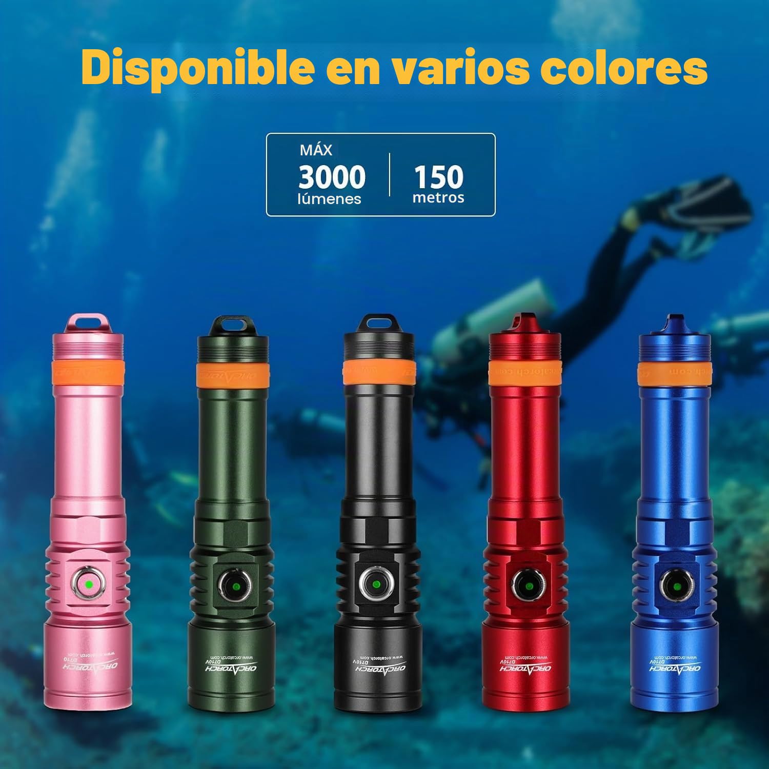 Orcatorch D710 Linterna Buceo, linterna submarina de 3000 lúmenes con haz estrecho de 6 grados, linterna de buceo nocturna impermeable IP68 con indicador de batería【Buceo subacuático de 492 pies】