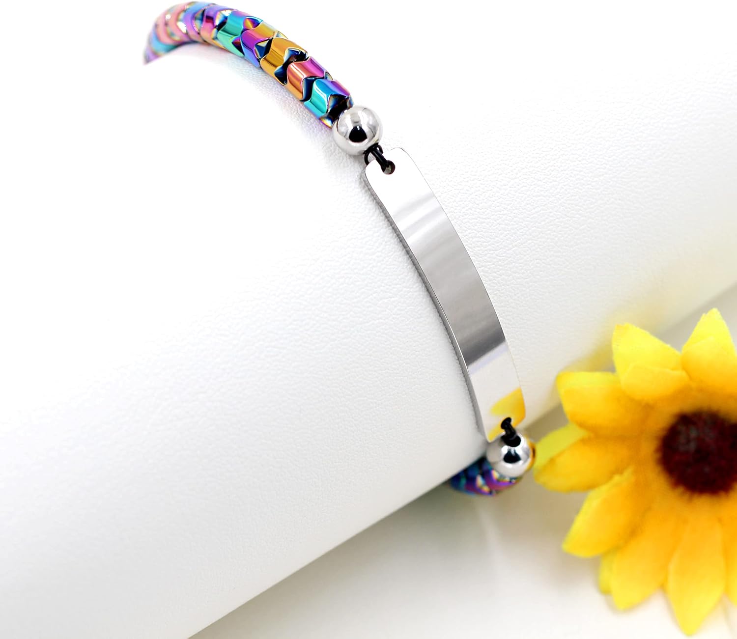 Customize Engraved Name Bracelet for Men Women - Rainbow Hematite Stone Beads Metal Chain Bracelet - Personalized Name ID Stainless Steel Chain Bracelet Y1904
