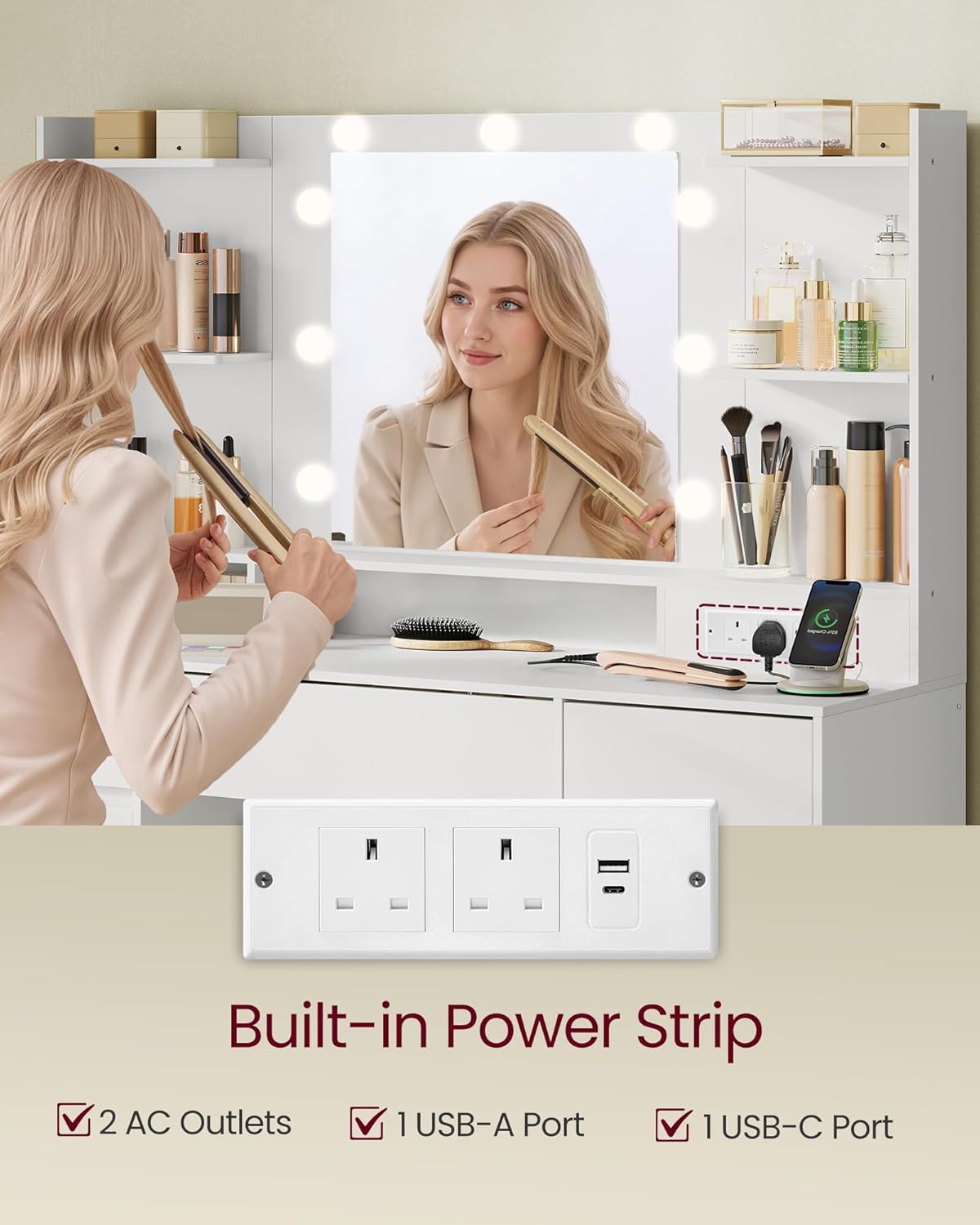 VASAGLE KAILYN Collection – Dressing Table with LED Mirror, Vanity Desk with Power Outlets, 2 Cabinets, 9 Dimmable Bulbs, 3 Light Colours, Toolless Slide Rail Assembly, Cloud White RDT142WB03