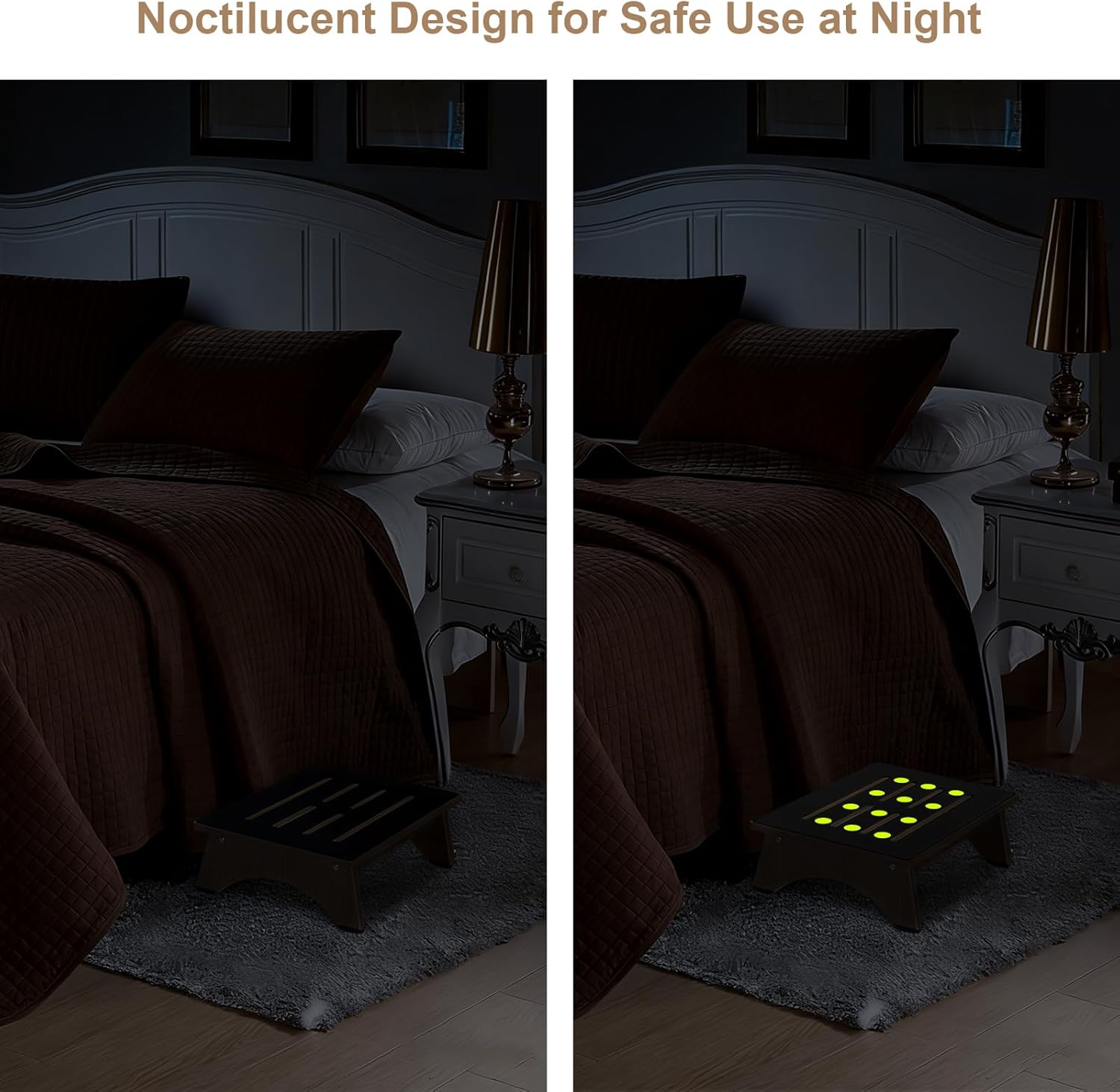 one step stool for adults seniors with noctilucent non-slip rubber stepping surface, 5.5" portable single wooden riser, 450 lbs capacity for bedroom kitchen bathroom, or bedside, senior support -brown brown-noctilucent 5.5 inches