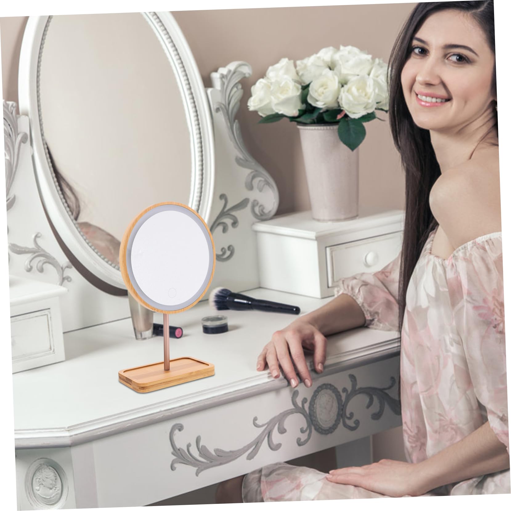 FRCOLOR Specchio da Tavolo LED in Legno con Luce e Batteria 1200ma | Vassoio Integrato, Struttura in Alluminio, per Dressing Tables e Bedroom Dressers