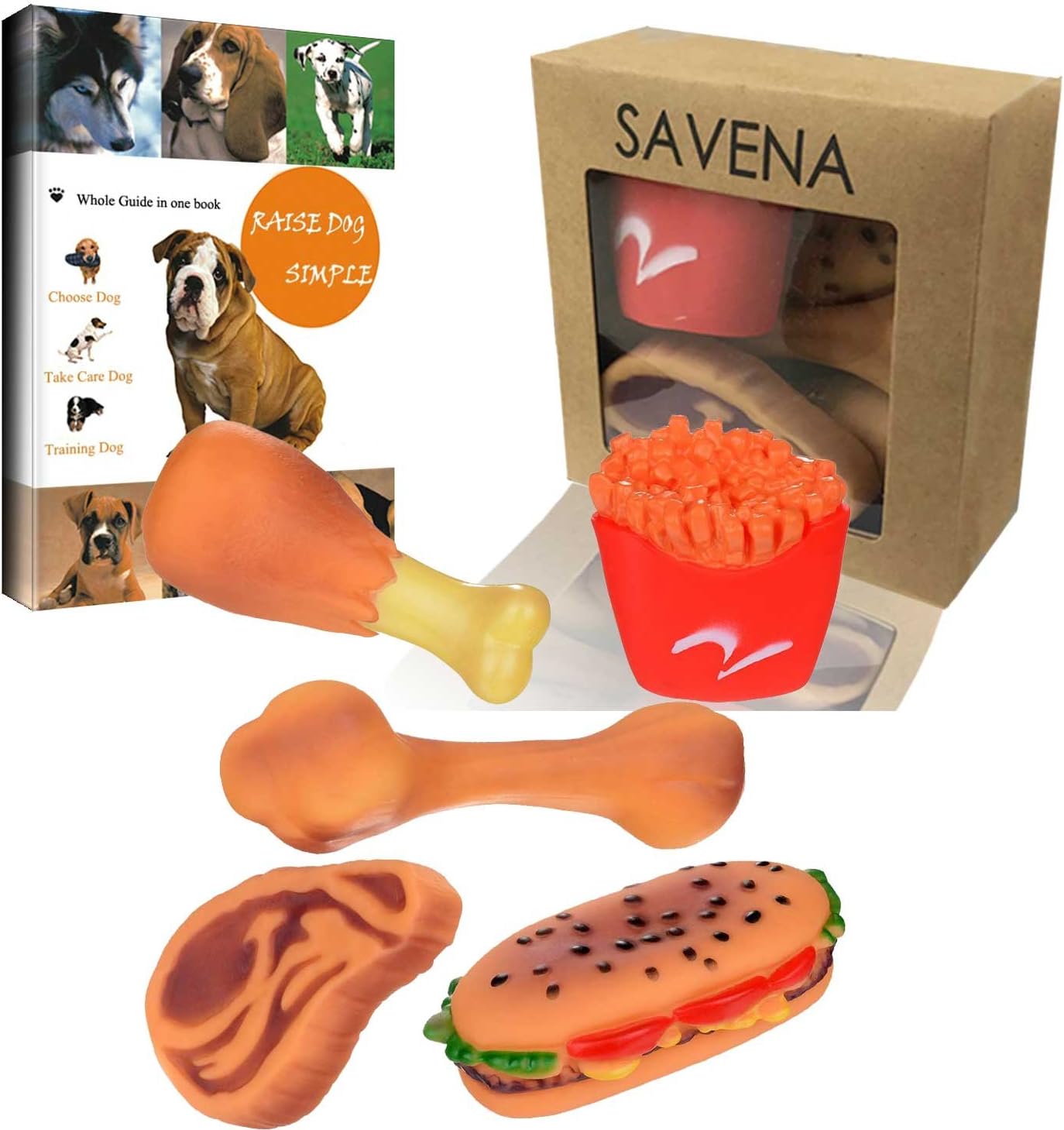 Savena Squeaky Dog Toy Pack Upgrade Made by Non-Toxic Odorless Environmental Material No-Stuffing Toy Bite Resistant, Dog Raising EBook Included