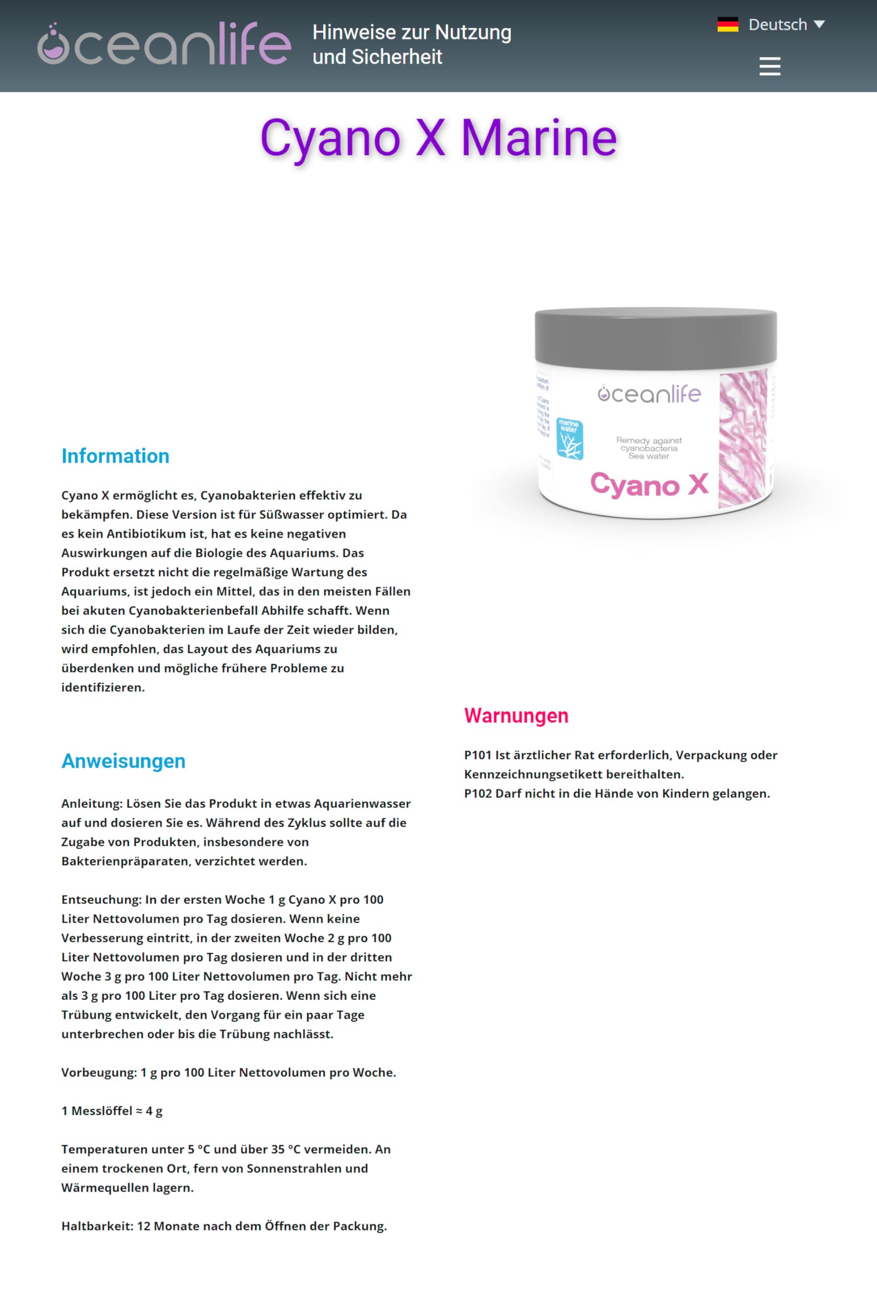 Oceanlife Cyano X Marine Water - 250ml (~200g) - Rimedio Contro i cianobatteri in Acquario d'Acqua Marina