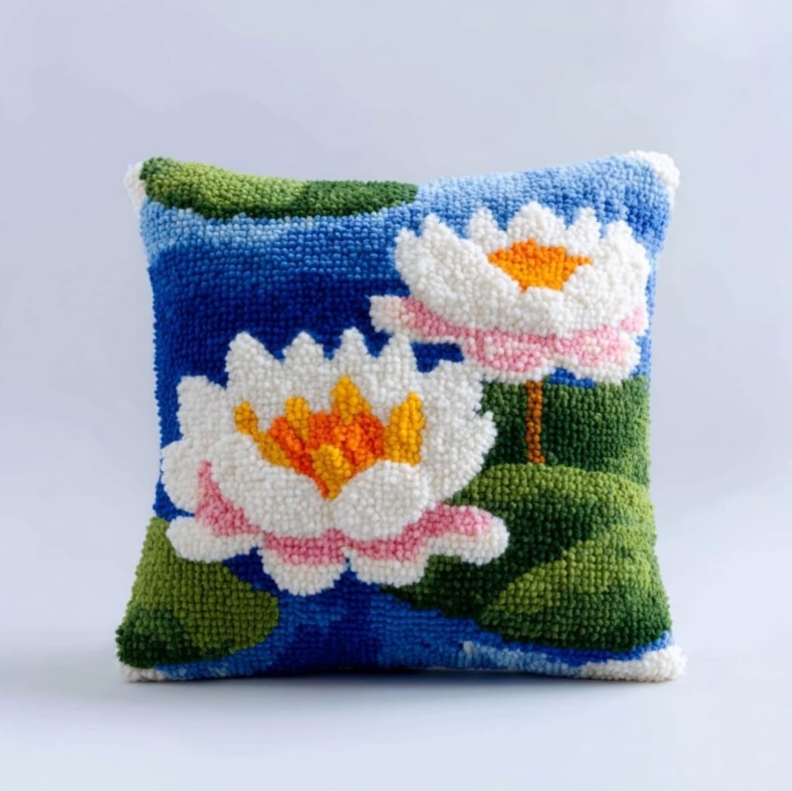Axiangzik 004 Handmade Latch Hook Cushion Kit 17X17 Inch,Beautiful Lotus Complete Diy Pillow Making Kit For Home Decor - Bedroom Throw Pillow Craft Gift