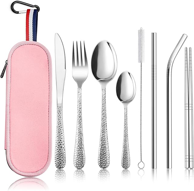 Homikit 9 Piece Camping Travel Cutlery Set, Stainless Steel Hammered Flatware Set for 1, Reusable Fork Knife Spoons Chopsticks Straws with Portable Case, Healthy & Dishwasher Safe (Pink)